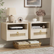 IGERI Floating Nightstand Set of 2 with Drawer for Wall Mounted Hanging Rattan Night Stand Bed Side Tables Wooden End Table Small Boho Dressers for Bedroom Farmhouse Shelves with Drawers