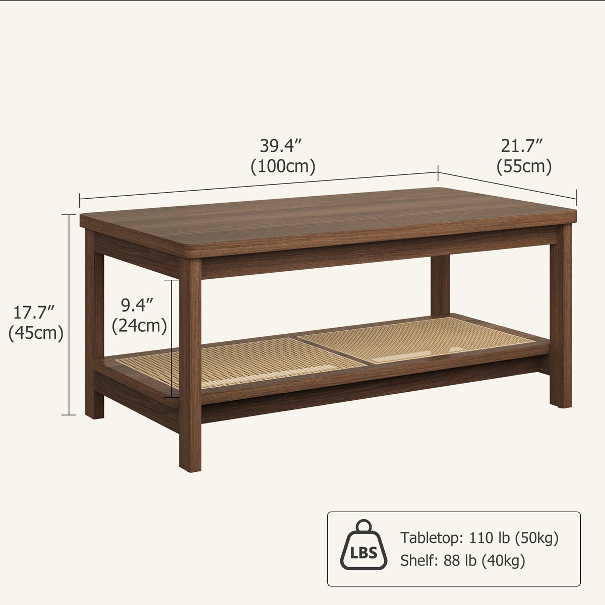 Wooden Coffee Table, 2-Tier Center Table with Rattan Storage Shelf, Walnut