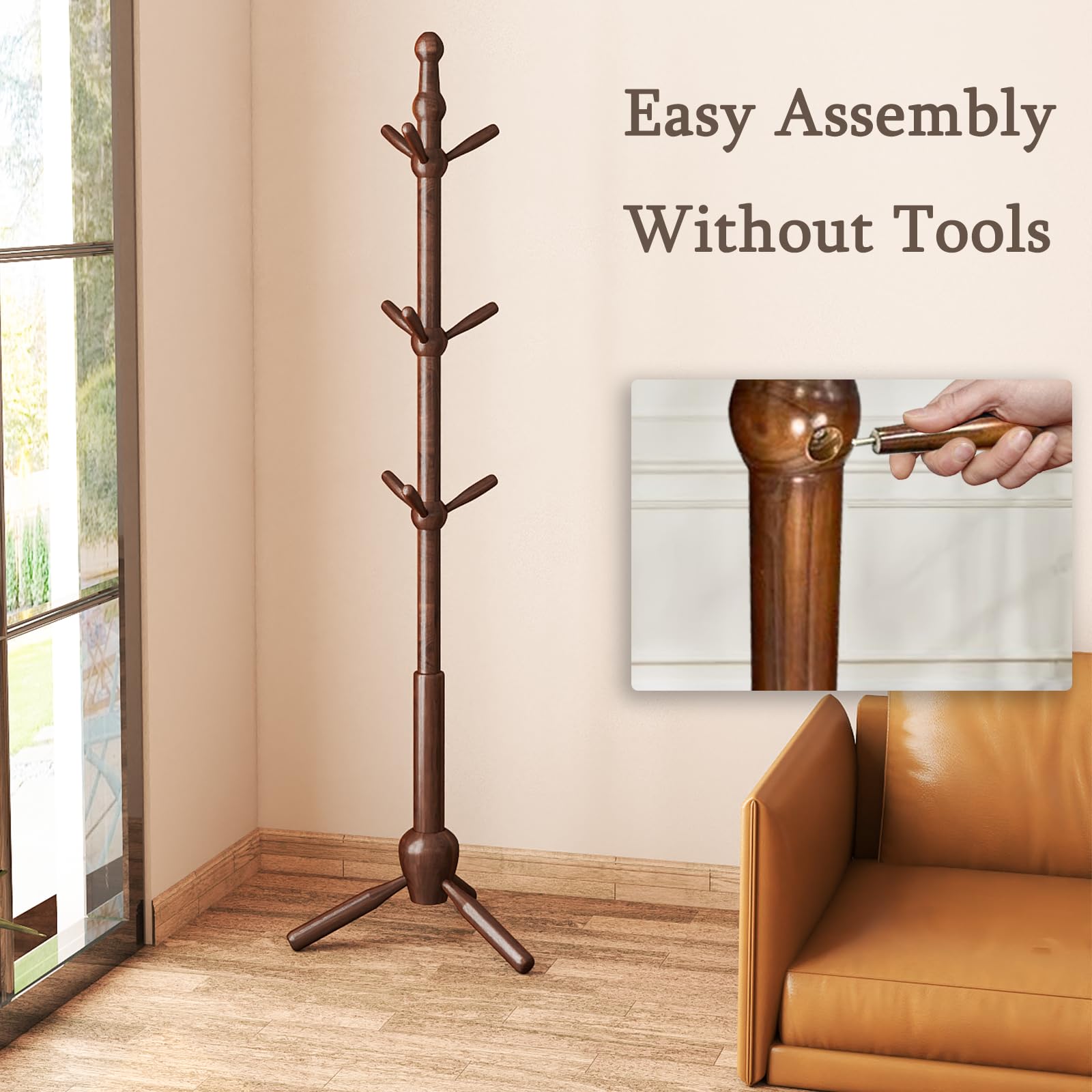 Solid Wood Coat Rack Stand with 9 Hooks
