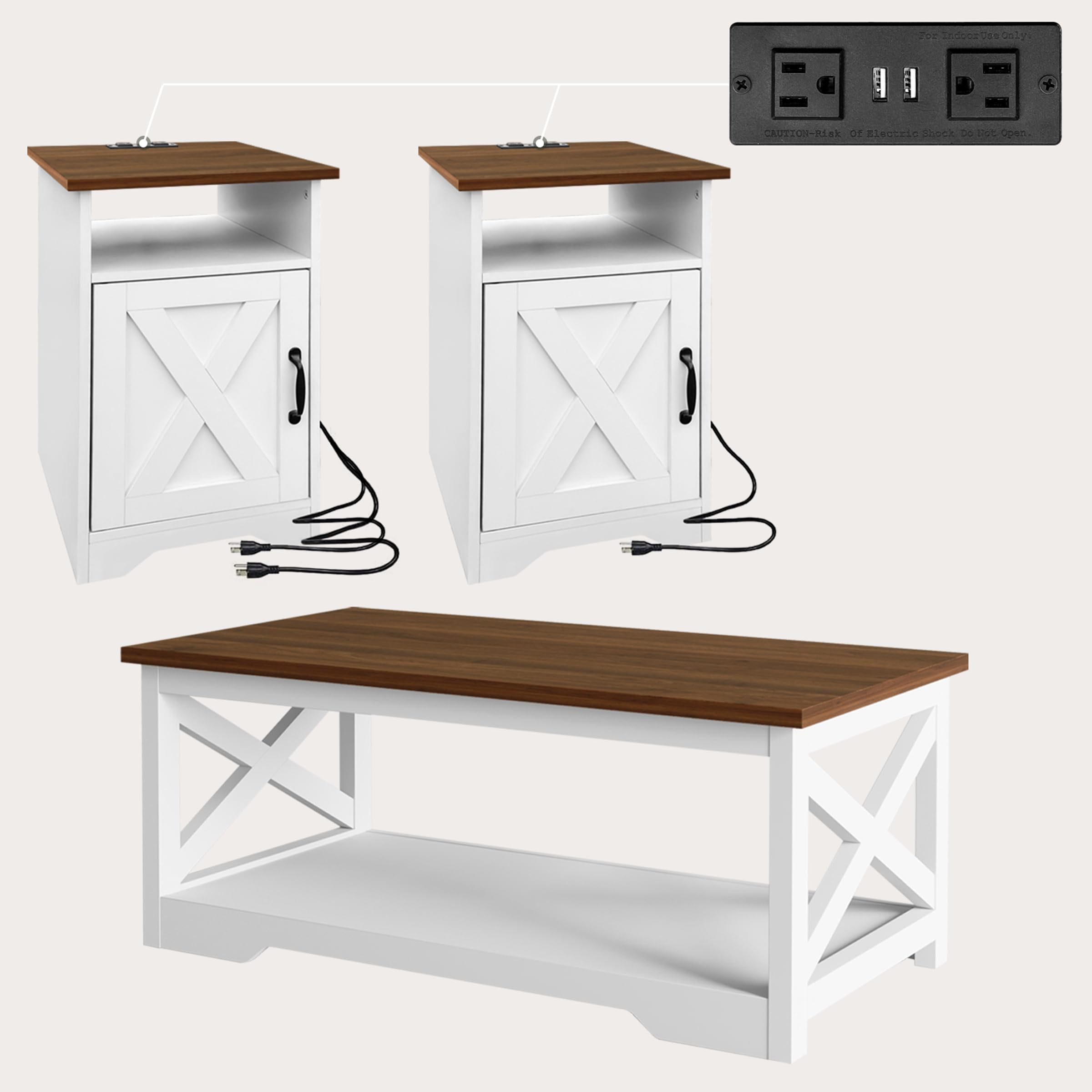 Farmhouse Coffee & End Table Set of 3 with Charging Station