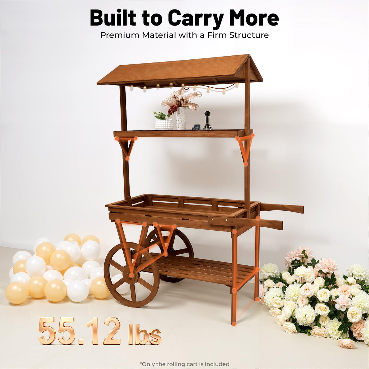 njxbrek Retro Wooden Rolling Cart with 2 Wheels, 3-Tier Cedar Wood Flower Display Stand, Freestanding Lemonade Tea Stall Mobile Shelf with Hollow Grid Design for Indoor Home Decor Plant Display