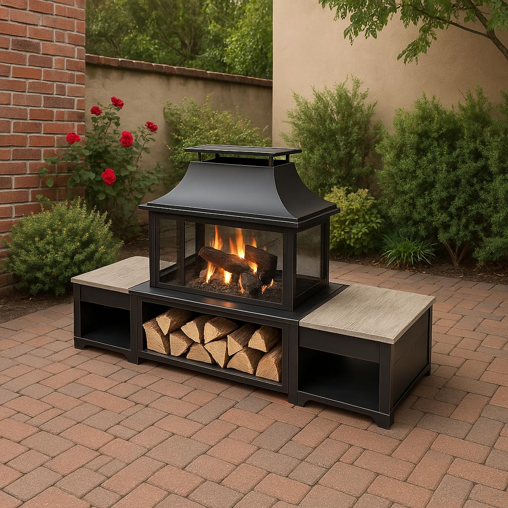 Deko Living Rimasco 80-Inch Metal Wood Burner Fireplace with Side Storage Tables - Wood Burning Fire Pit for Home - Smokeless Patio Fire Pit - Outdoor