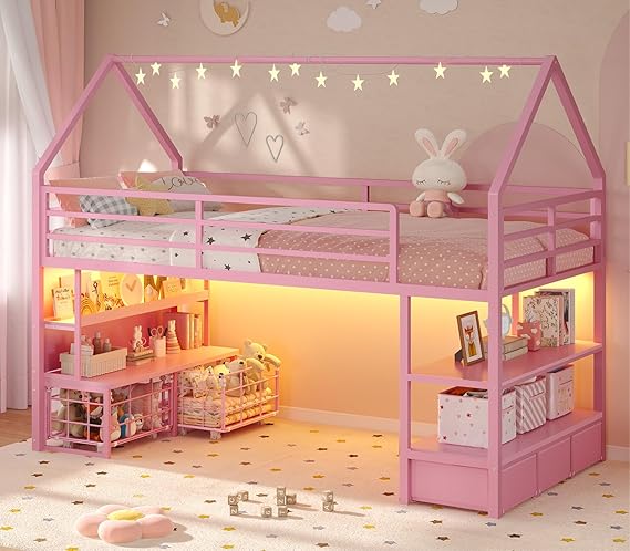Twin Size Kids Metal House Loft Bed with Storage & LED Lights