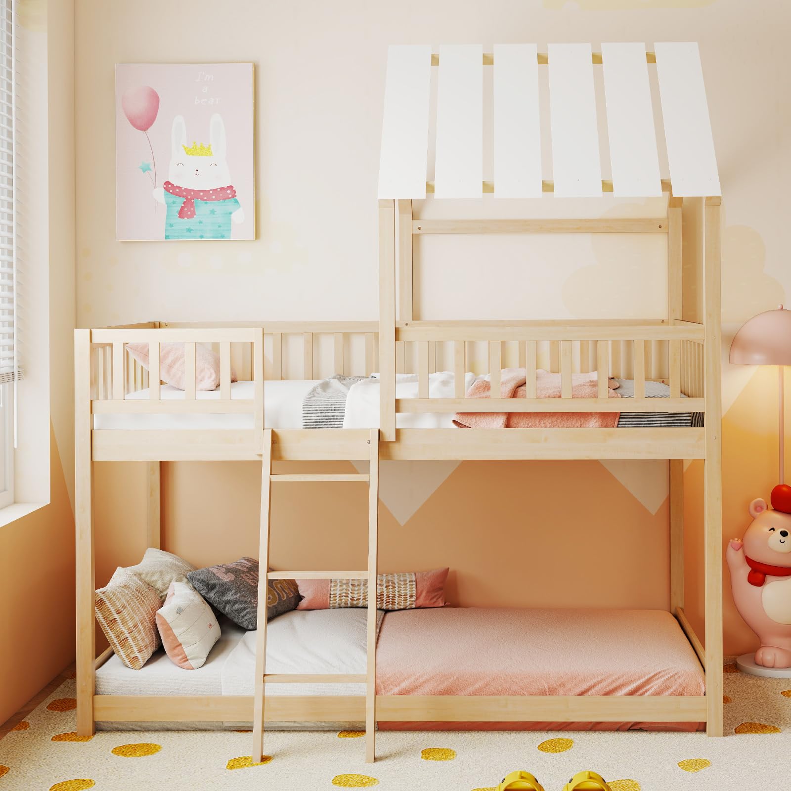 Twin Over Twin House Bunk Bed with Roof & Guardrails
