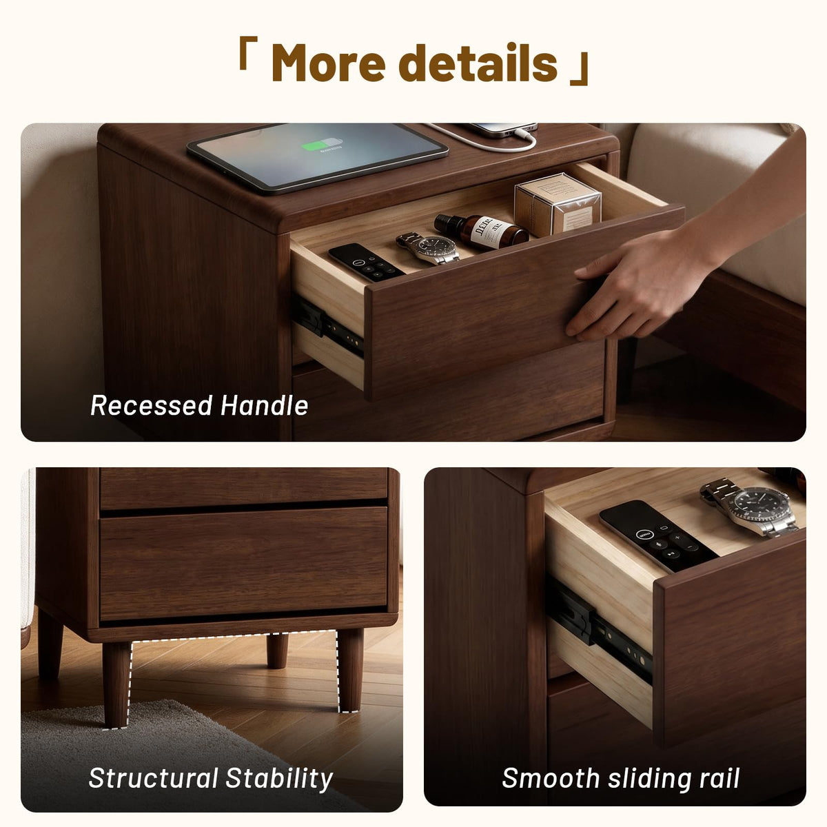 Solid Wood Nightstand with Charging Station,USB-C Port, 15.7 inch Wide End Table with 2 Drawers, Modern Wood Bedside Table for Bedroom(Walnut)