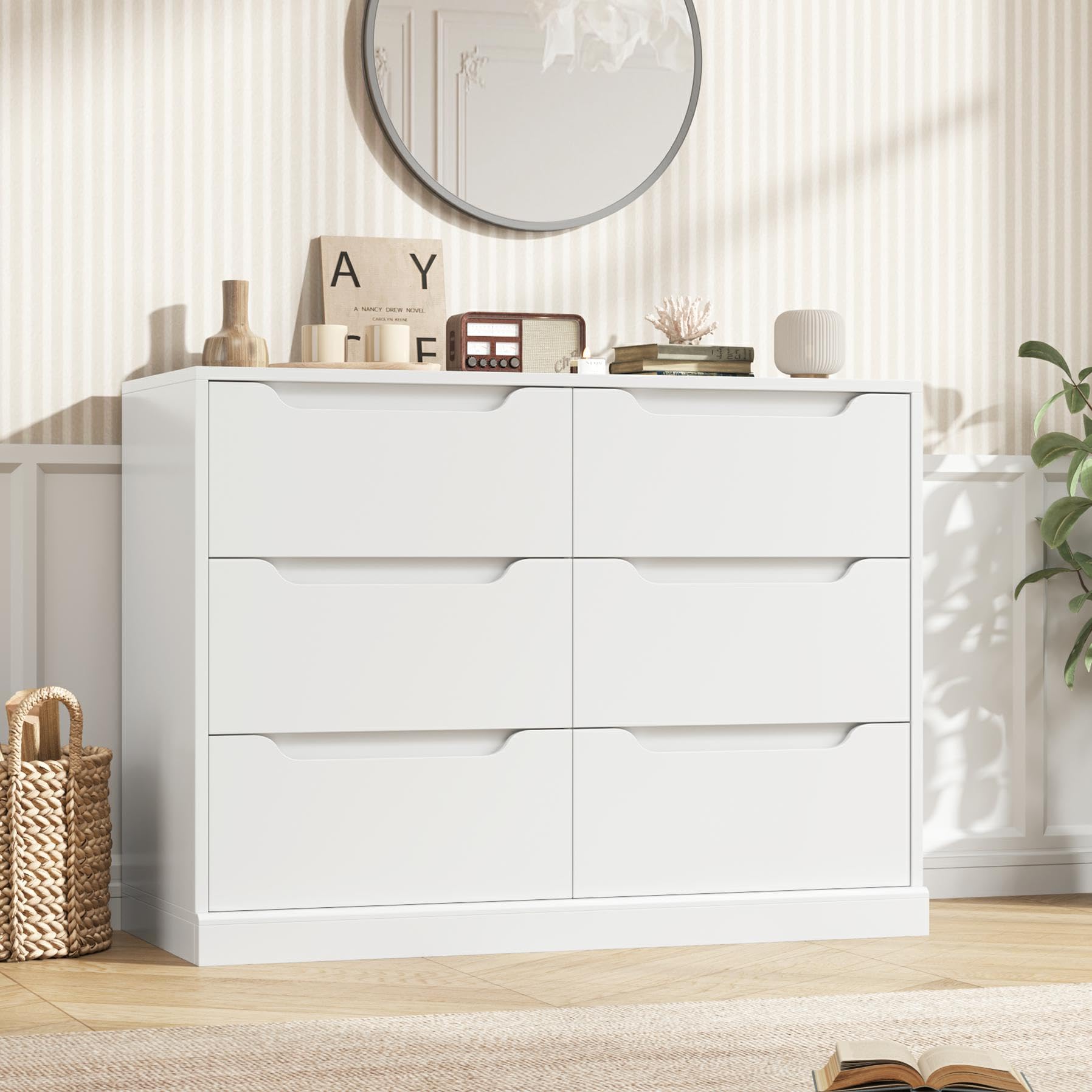 HOSTACK Modern 6 Drawer Dresser, Double Chest of Drawers with Storage, Large Wooden Storage Dresser Organizer with Cut-Out Handles, Accent Storage Cabinet for Living Room, Entryway, White