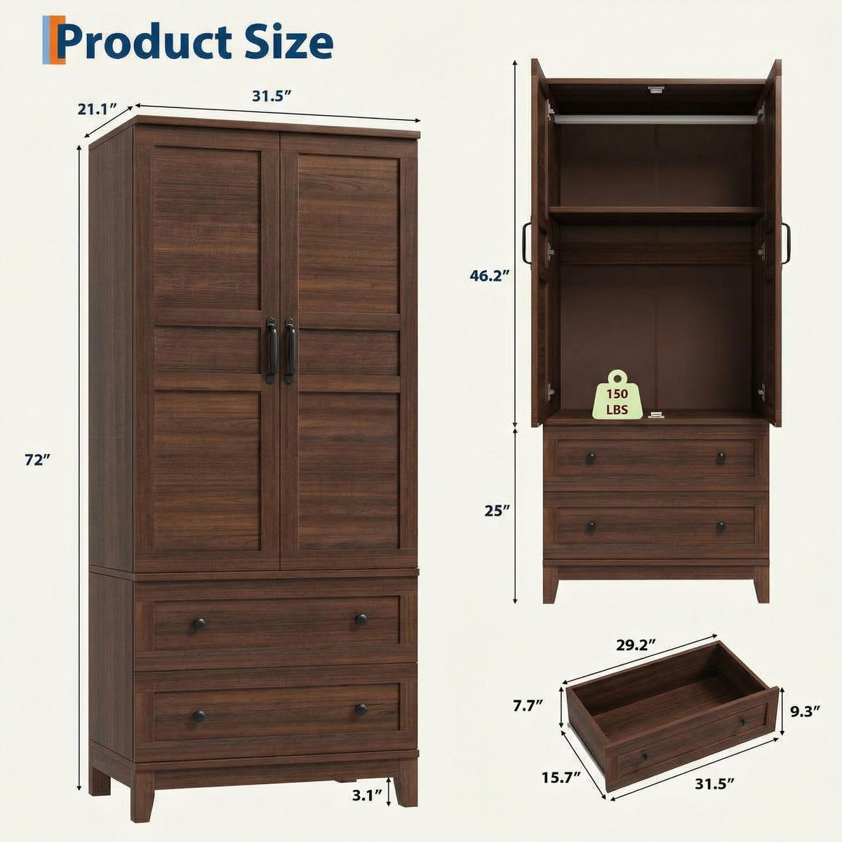 Walnut Wardrobe Armoire with Drawers