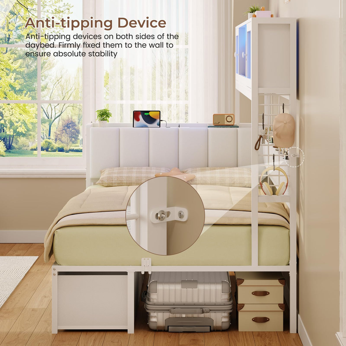 Twin Daybed with Storage Headboard & 4 Drawers, Hight Bookcase, White
