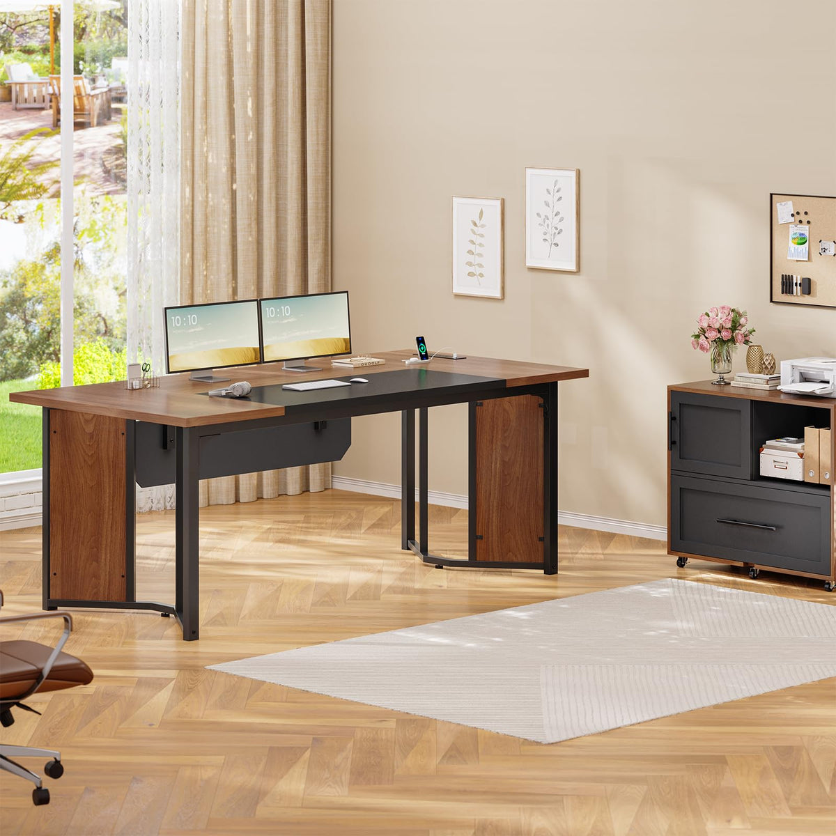 UPOSOJA 63" Executive Desk with Mobile File Cabinet, Large Office Desk with Drawer, Modern L Shaped Desk with Power Outlets, Storage Shelves, Corner Computer Desk Business Workstation Set (Walnut)