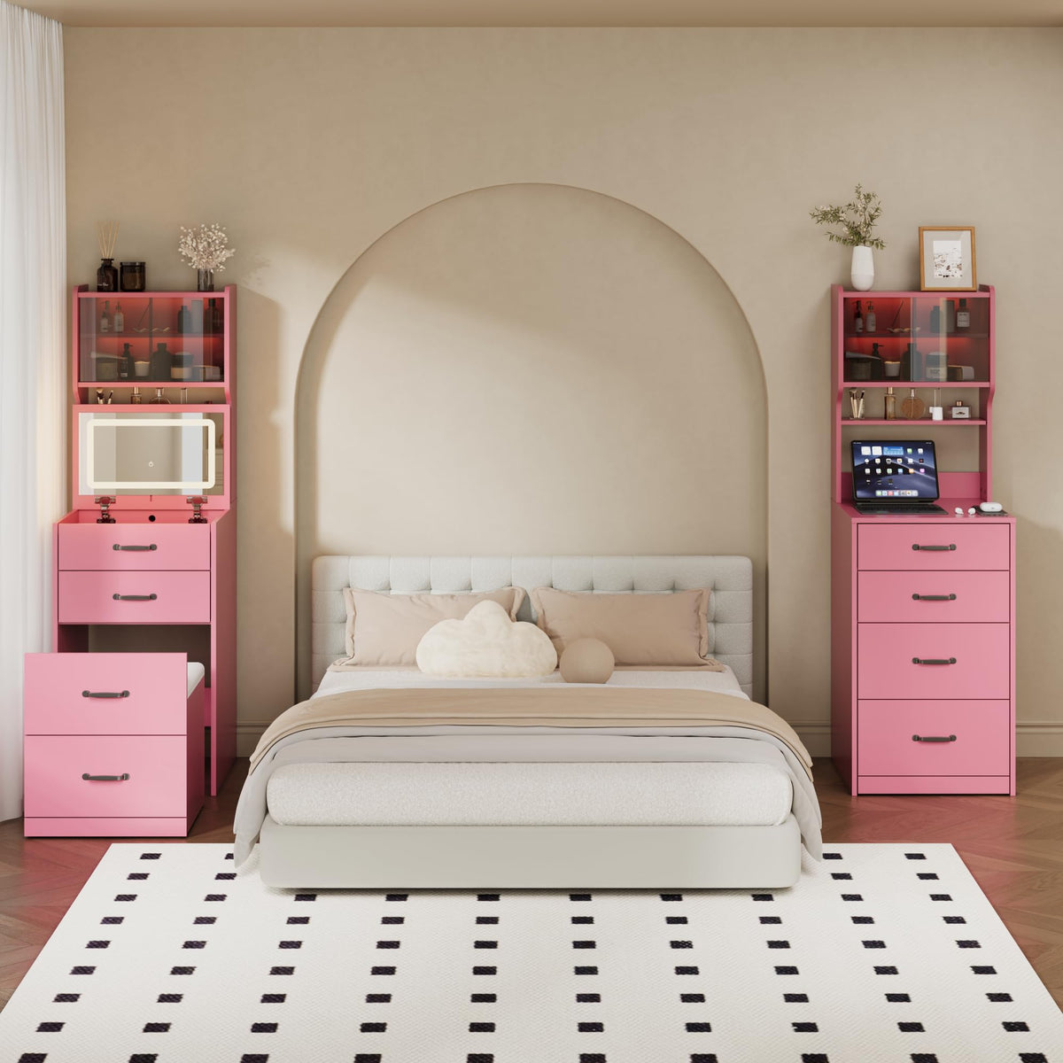 Pink Vanity Desk with LED Mirror