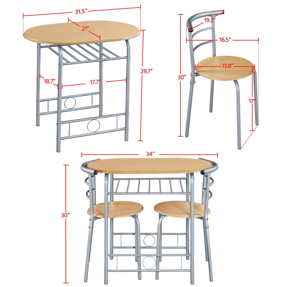 Yaheetech 3 Piece Dining Table Set for 2, Small Table and Chairs, Natural