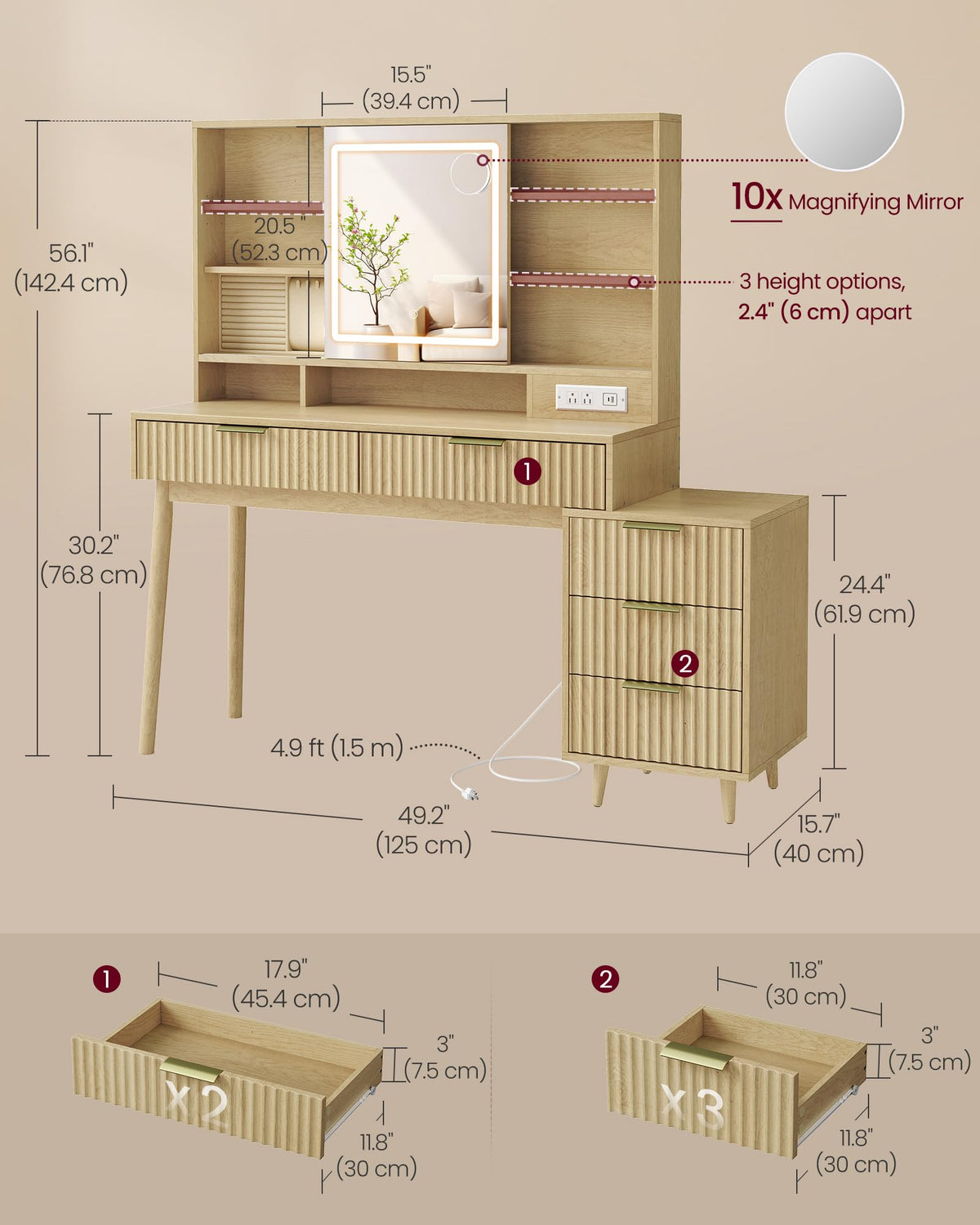 VASAGLE Fluted Vanity Desk with Sliding Mirror and Lights, 5 Drawers