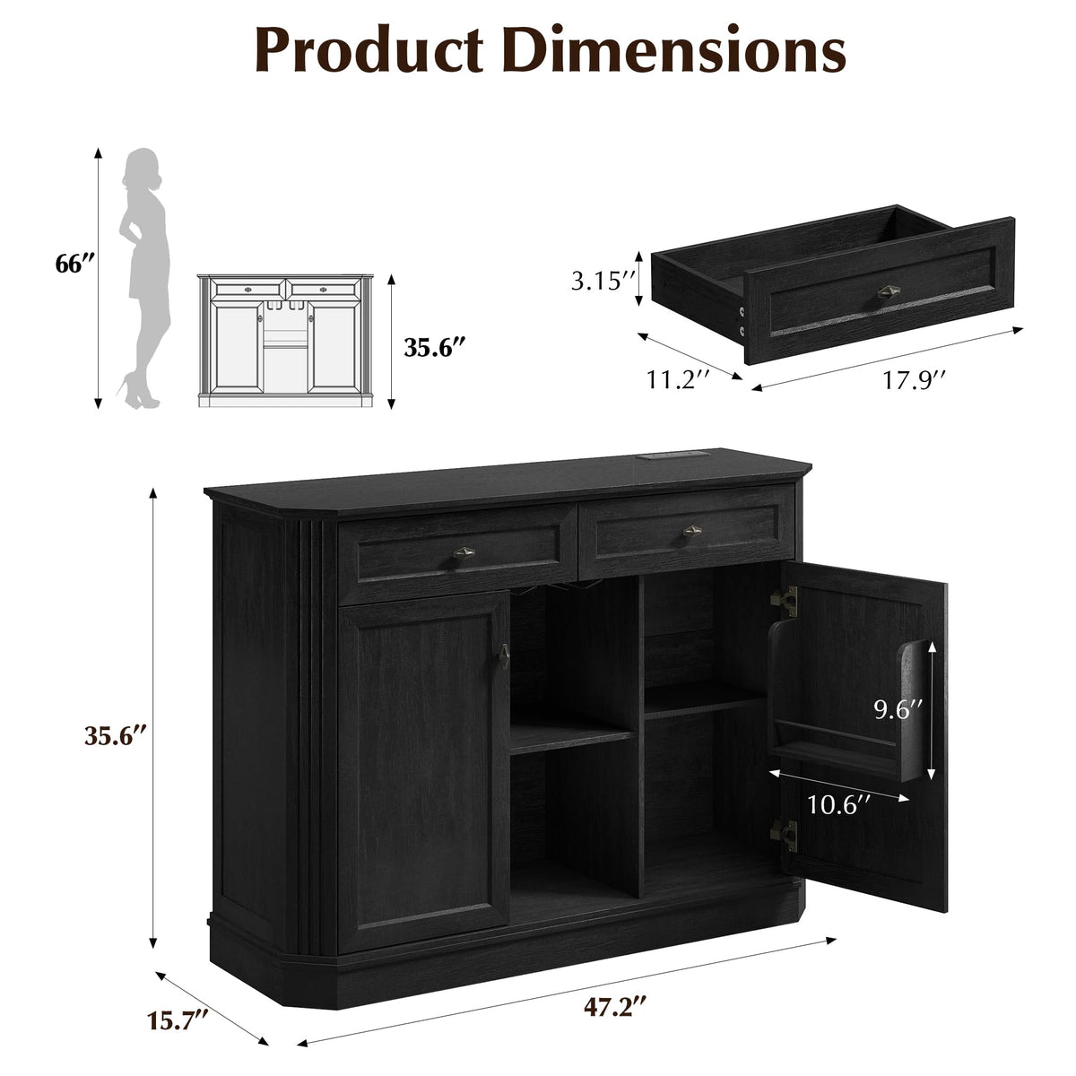 AMBERHAUS 47" Wine Bar Cabinet with LED Light & Power Outlets, 2 Door Coffee Bar Cabinet with 2 Drawers, Sideboard Buffet Cabinet with Storage, Liquor Cabinet for Home Bar, Kitchen Living Room, Black