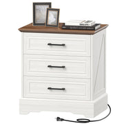 Farmhouse Nightstand with Charging Station, 3 Drawers, Off White