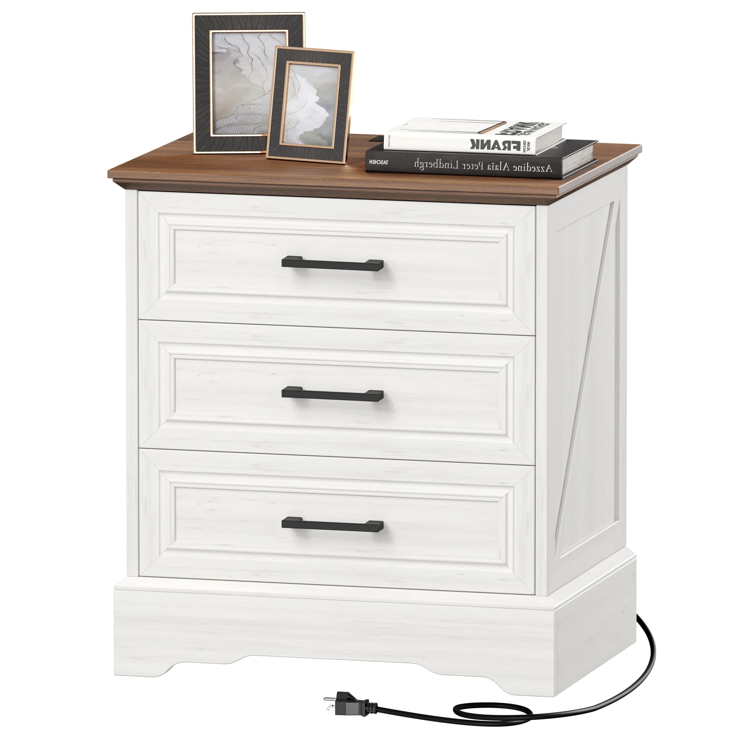 Akxomel Farmhouse Nightstand with Charging Station, 22" Wide Bedside Table with 3 Large Drawers & Bar Handles, Side End Table with Stable Support Base, for Bedroom, Off White