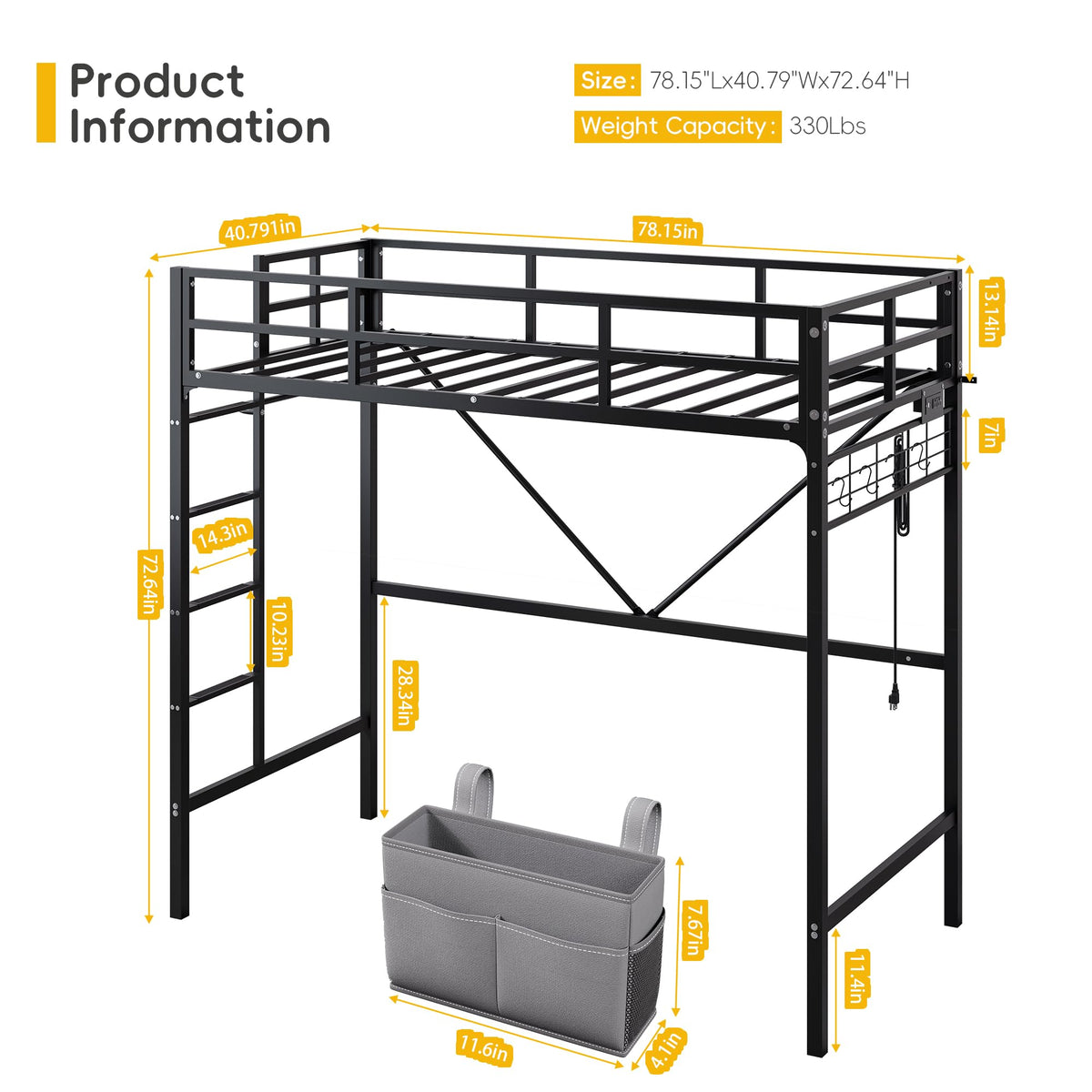 Twin Metal Loft Bed with LED Lights