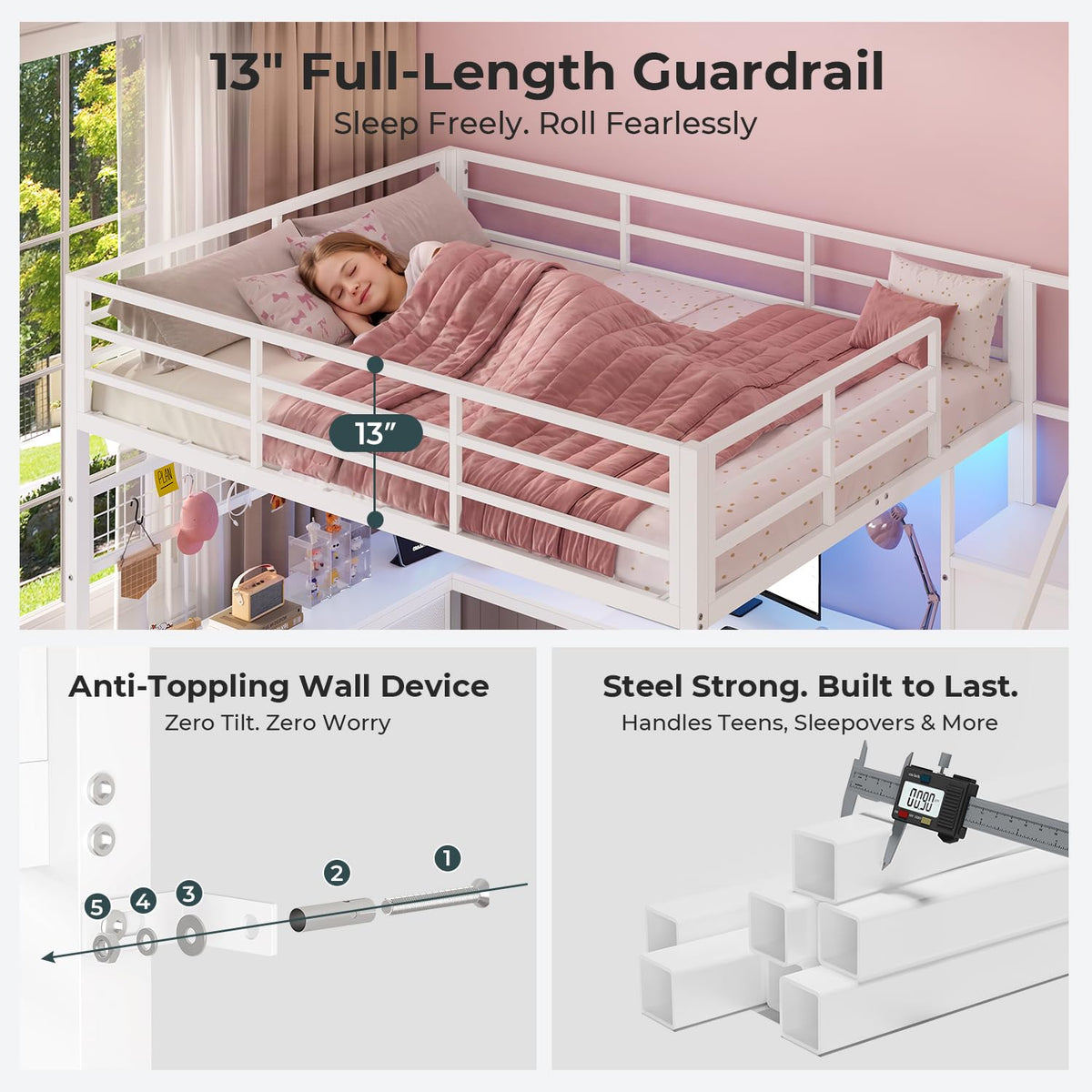 ADORNEVE Full Size Loft Bed with L Desk and Storage Stairs, White