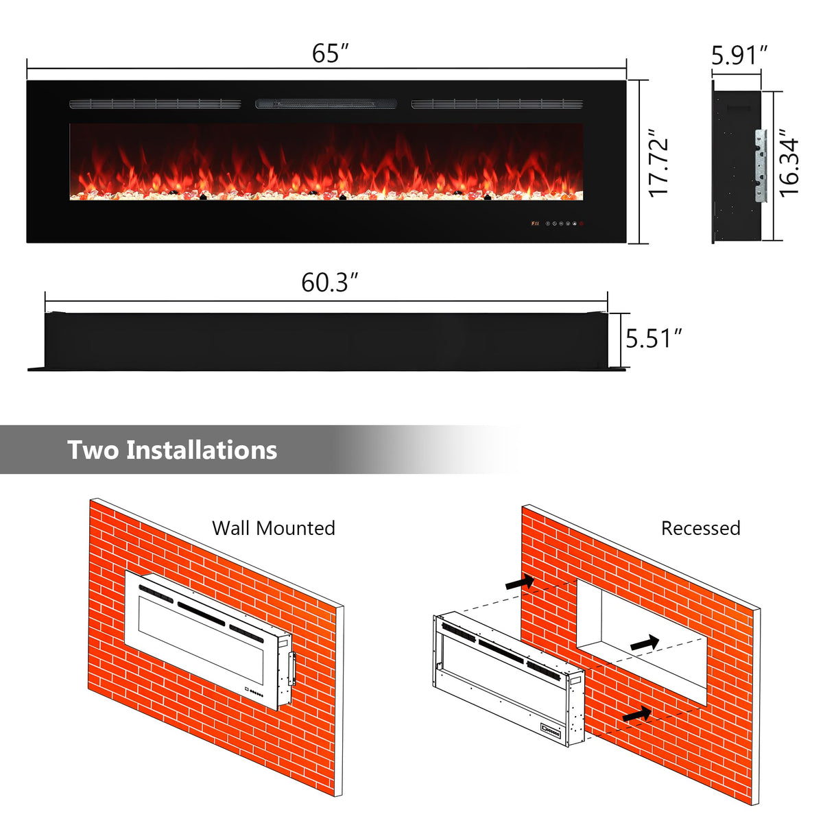 Carsynflame 65in Black Recessed & Wall Mount Electric Fireplace with Remote