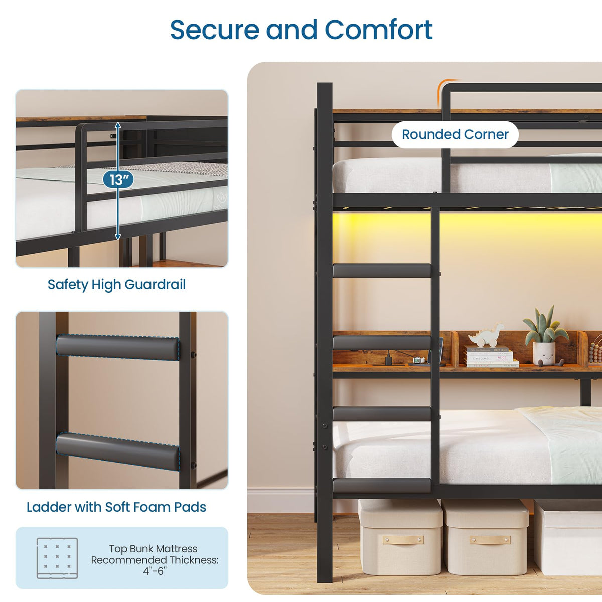 Twin Bunk Bed with Storage & LED Lights