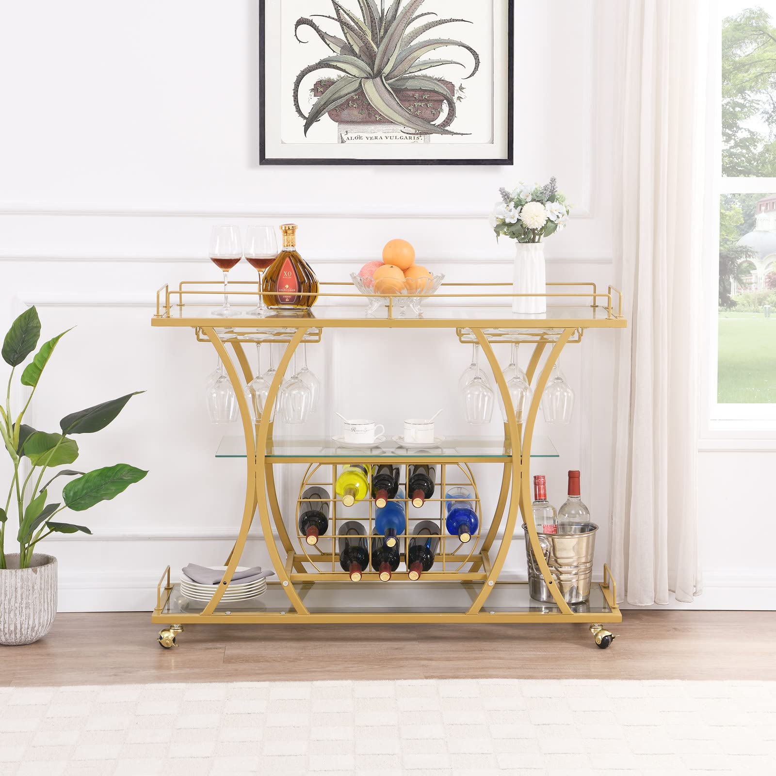 3-Tier Rolling Bar Cart with Glass Shelves