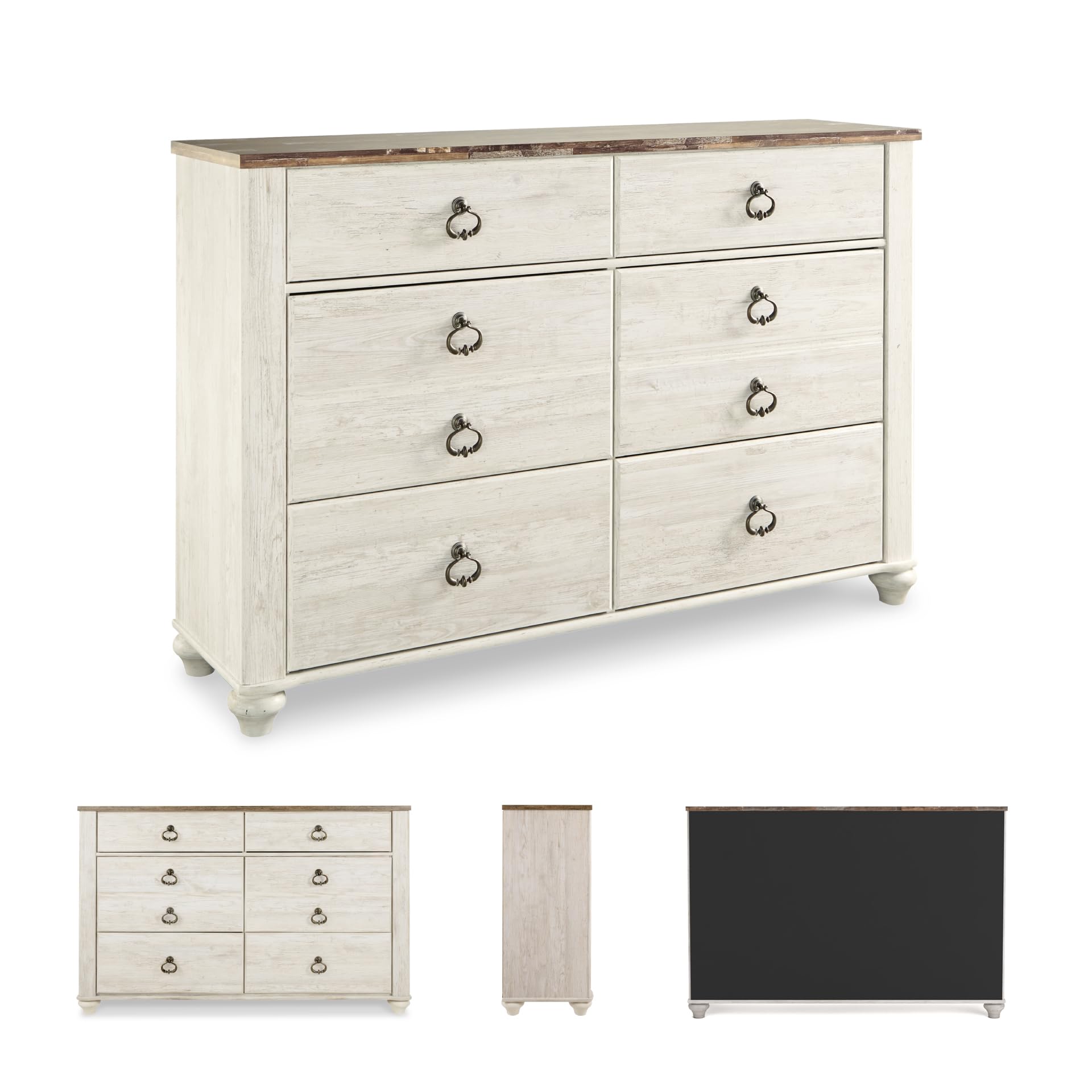 Signature Design by Ashley Willowton Coastal Cottage 6 Drawer Dresser with Faux Plank Top, Whitewash