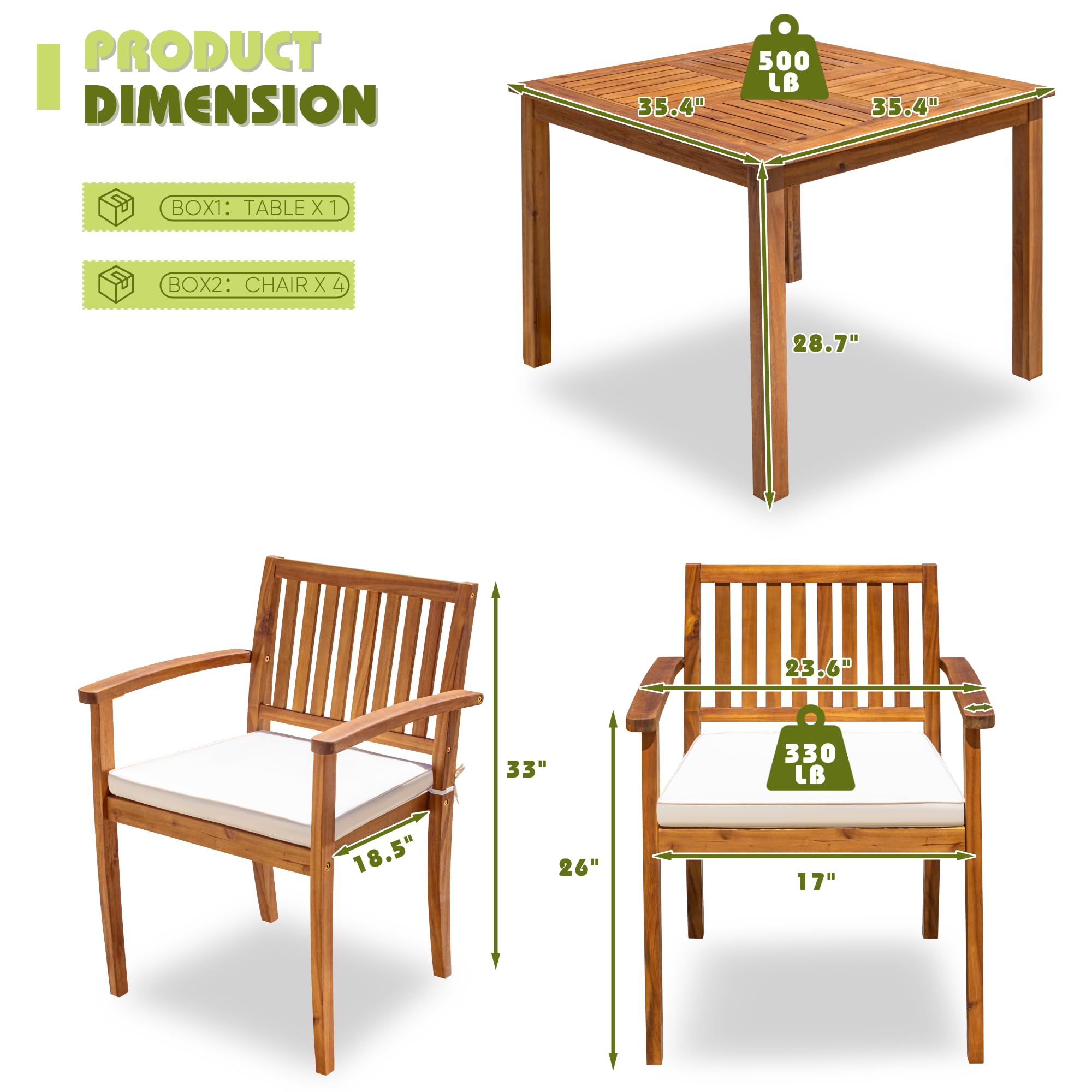 5-Piece Acacia Wood Outdoor Dining Set with Cushions
