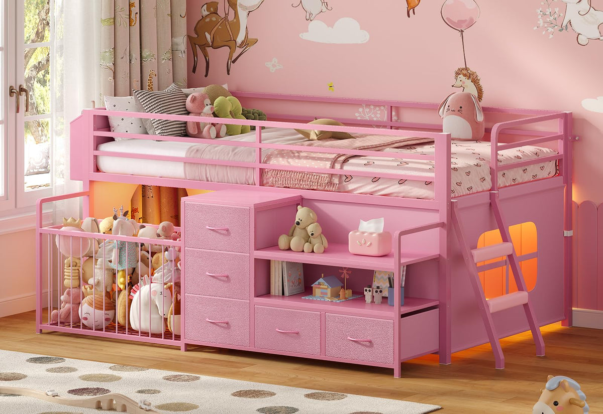 Low Loft Bed with Drawers & Shelves
