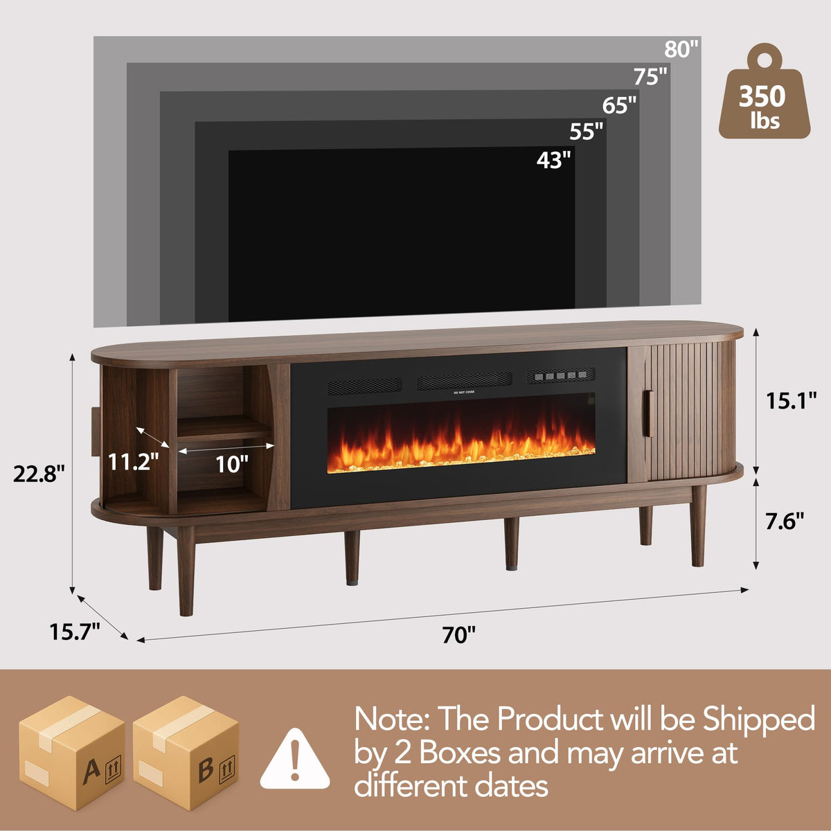 Decofy 70" Fireplace TV Stand for TVs Up to 80" for Living Room, Walnut