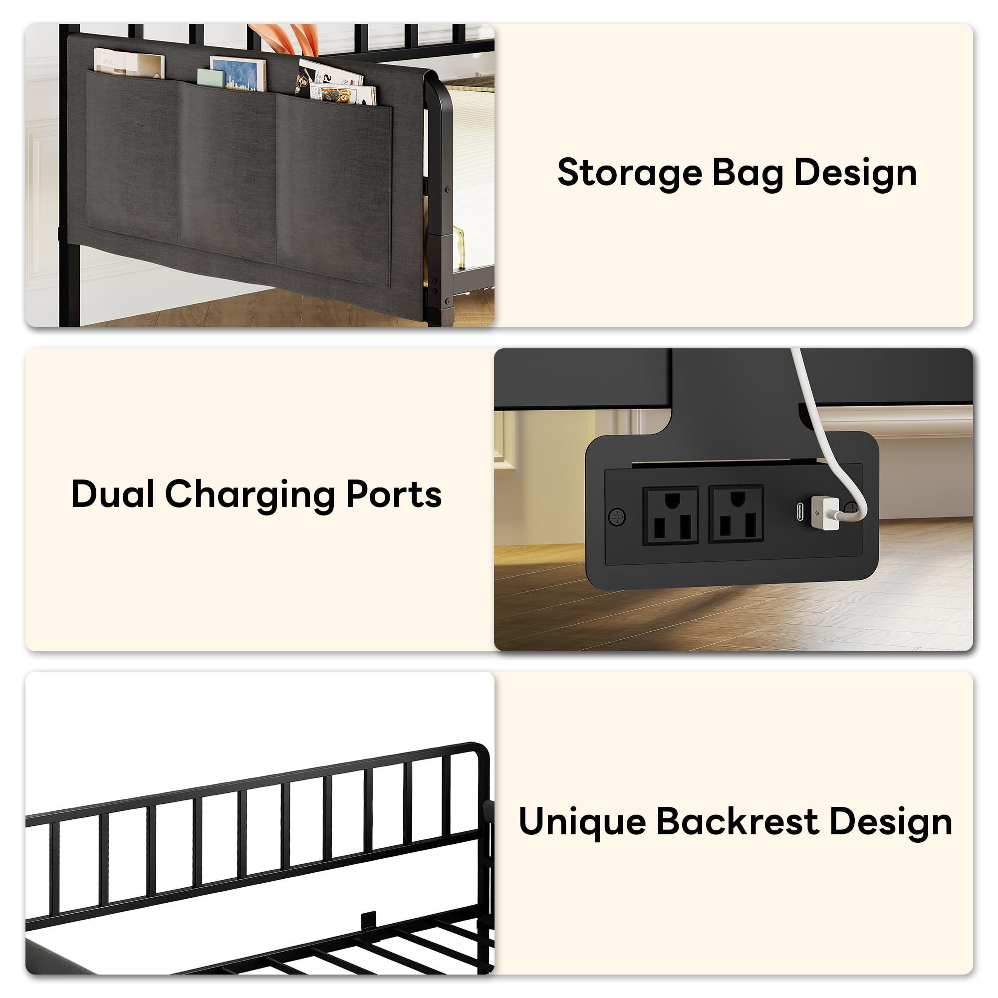 LIKIMIO Twin Daybed with Trundle, Charging Station & LED Lights, Metal Sofa Bed Frame with Side Storage, Noise-Free, No Box Spring Needed for Small Space, Guest Room, Living Room