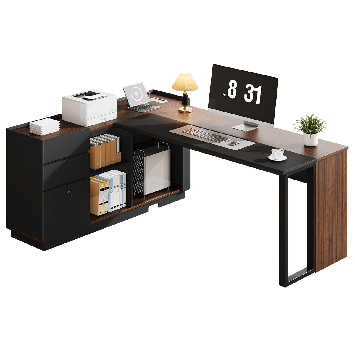 Vividwood 70" Executive Desk with Cabinet Storage, L-Shaped Office Desk with 3 Drawers and Shelves, Large Computer Desk Business Furniture for Home Office (Brown & Black)