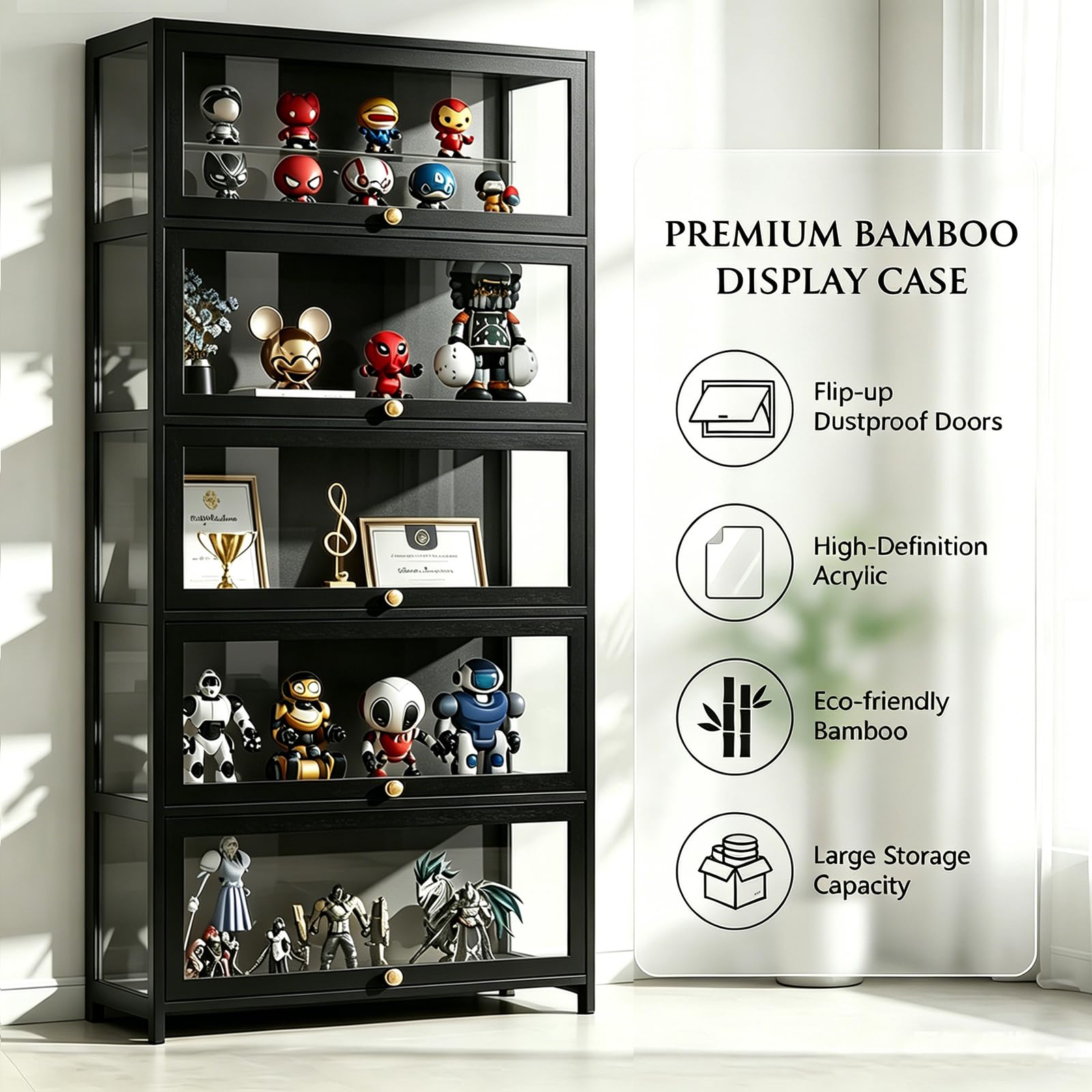 5-Tier Bamboo & Acrylic Display Cabinet with Doors