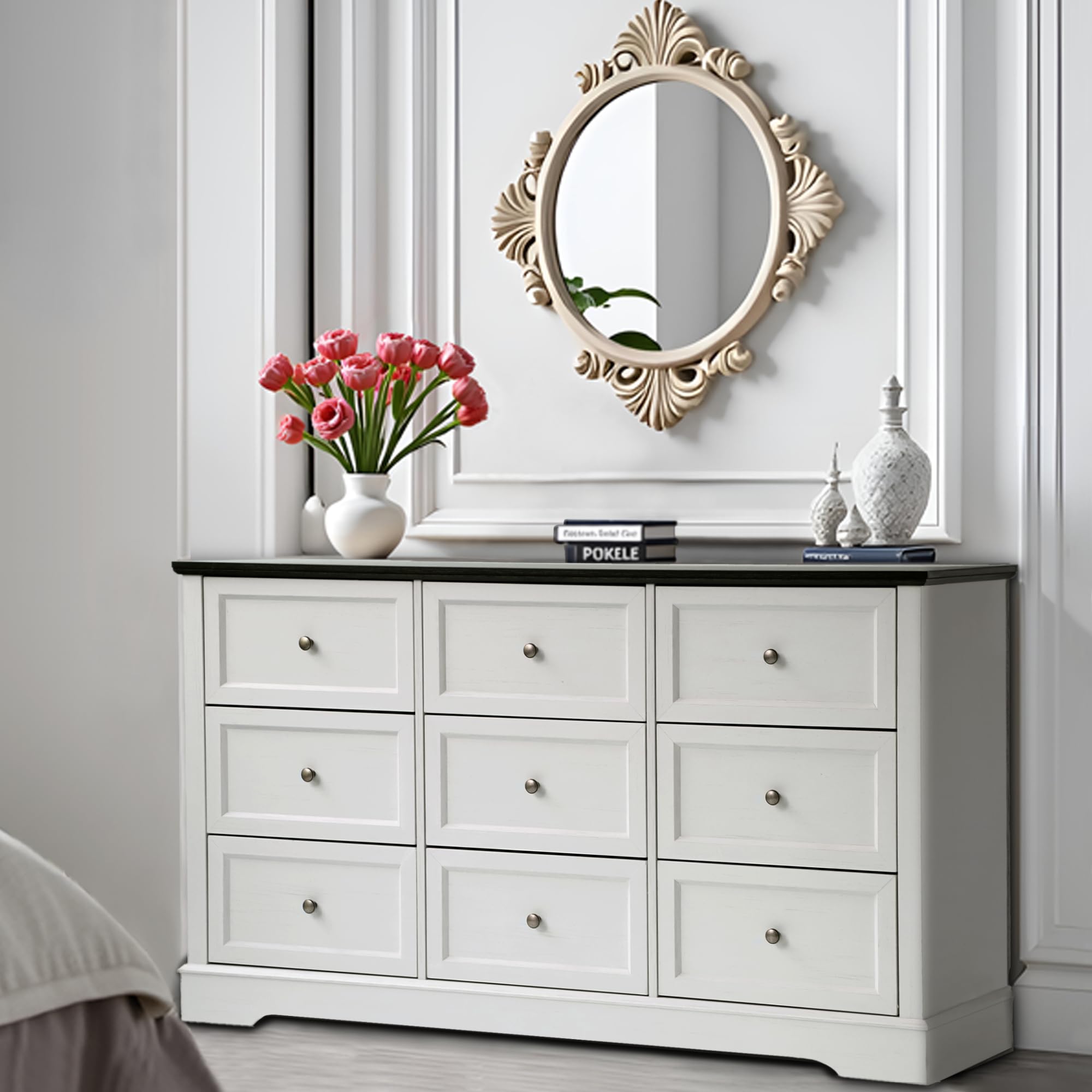 LOUVIXA Farmhouse Bedroom Sets of 4, 4Pcs Farmhouse Dresser Set，Including 9 Drawer Dresser, 5 Drawer Dressers and Nightstand Set of 2 with Charging Station (White Sets, 4 Pieces)