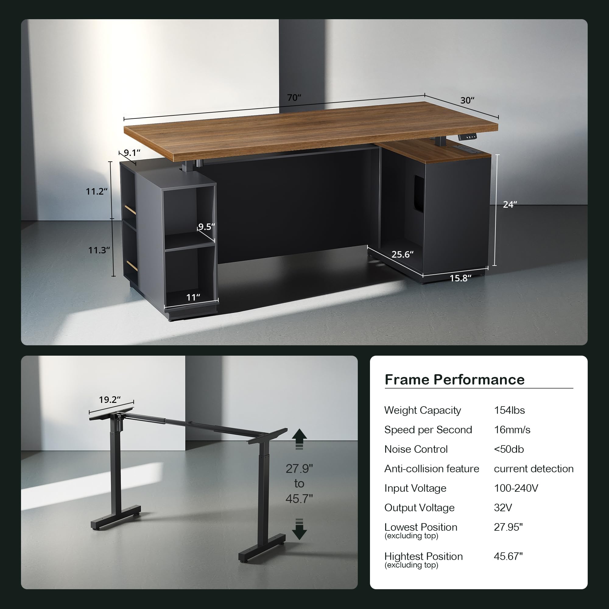 L-Shaped Electric Standing Desk with File Cabinet