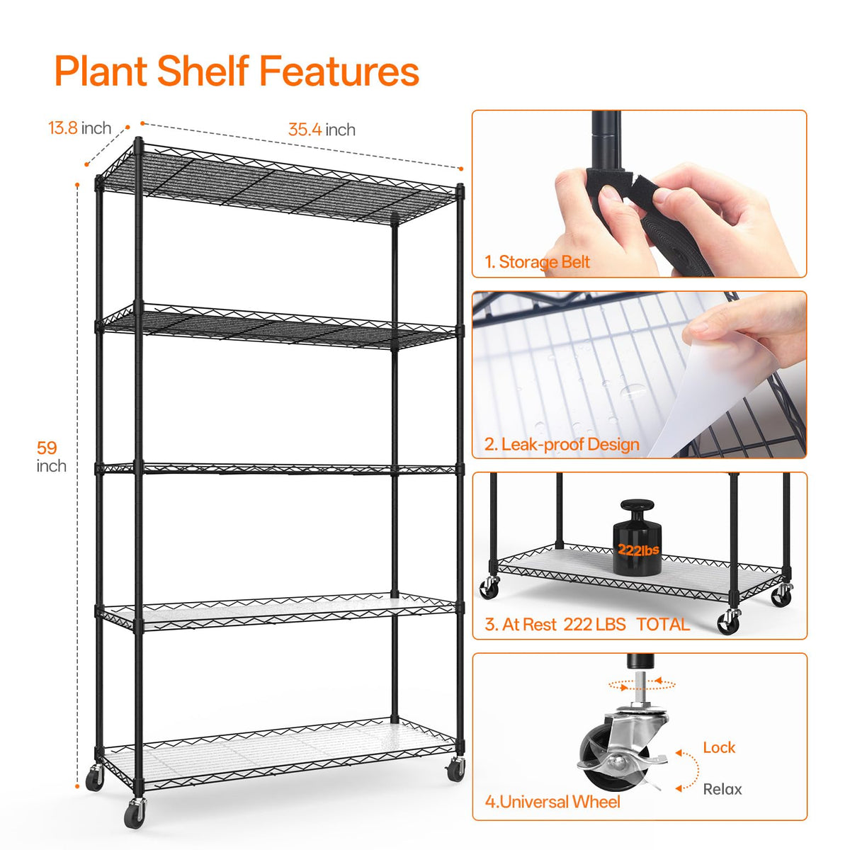 Bstrip 5-Tier Plant Shelf with Grow Light, 35.4x13.8x59in