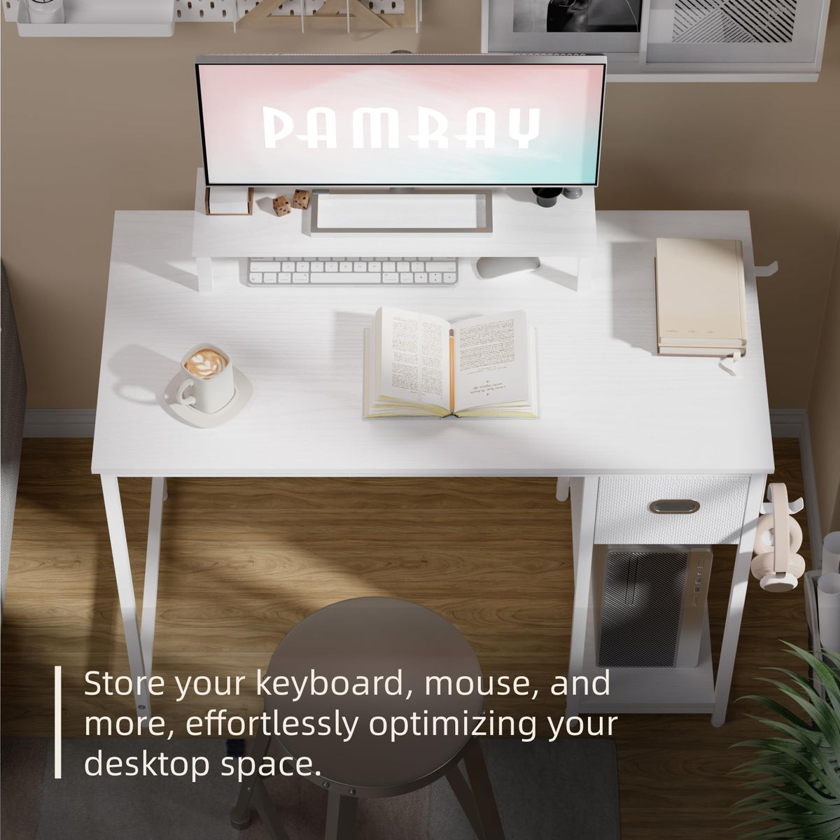 Pamray 39 Inch Small Computer Desk with Monitor Stand and Drawer for Gaming