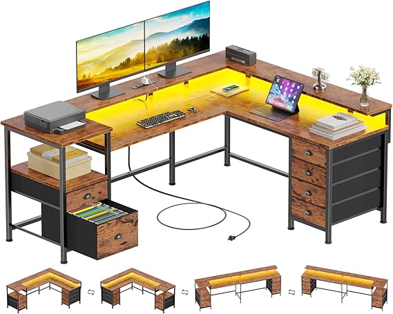 L-Shaped Gaming Desk with Drawers, Power Outlets & LED Lights