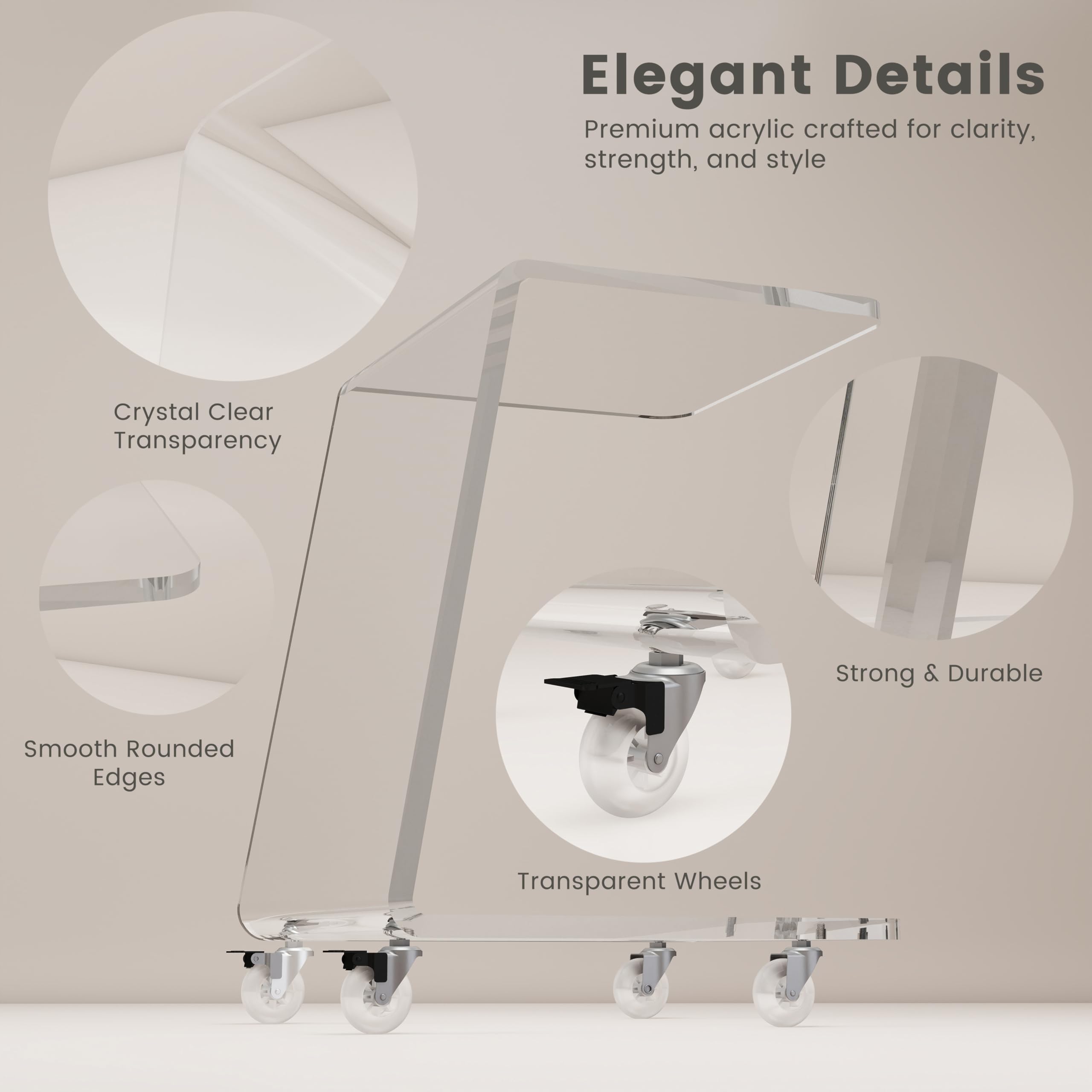 Modern Acrylic Side Tables Set of 2, 15mm Thick Clear Lucite End Tables with Wheels for Living Room & Bedroom, Luxury C-Shaped Rolling Sofa Tables, Heavy Duty Contemporary Furniture