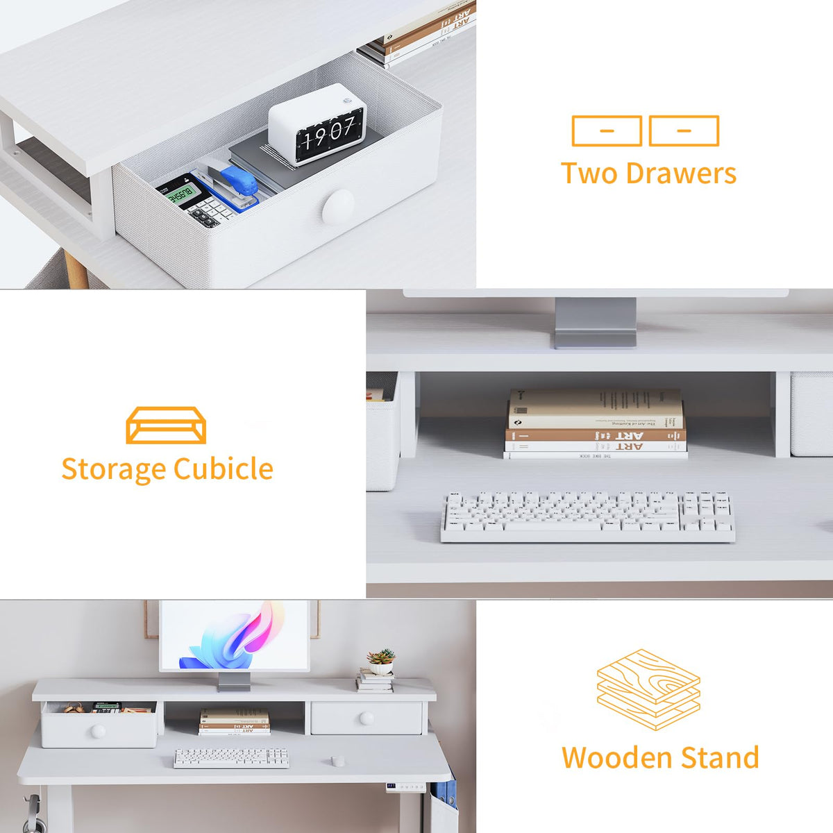 KLUVIS White Electric Standing Desk with Drawers, 40 Inch