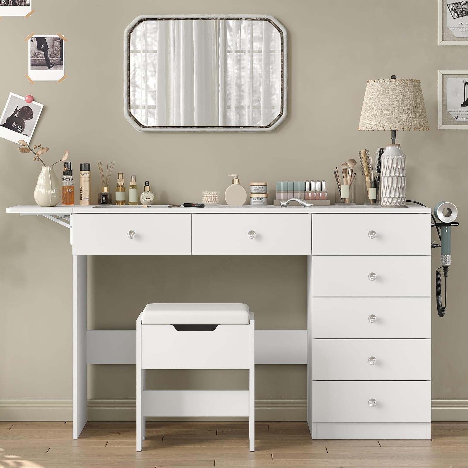 Vanity Desk with 7 Drawers and Charging Station, Glass Top Dressing Table with Foldable Side Shelf and Stool, Modern Makeup Vanity with Storage for Bedroom, White