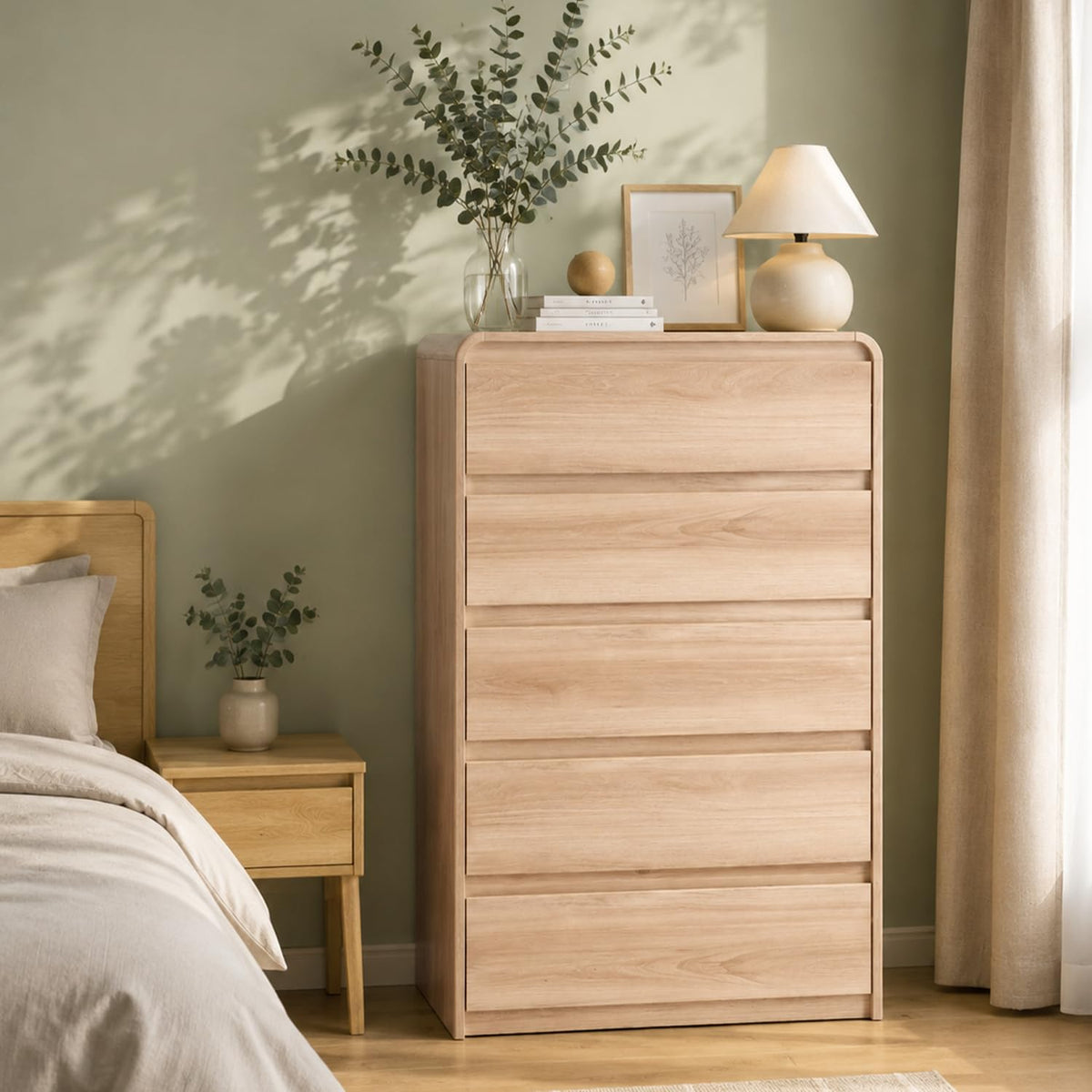 Madaha 5 Drawer Dresser for Bedroom,Curved Edge Design Modern Dressers & Chest of Drawers, Nursery Dresser Natural Oak