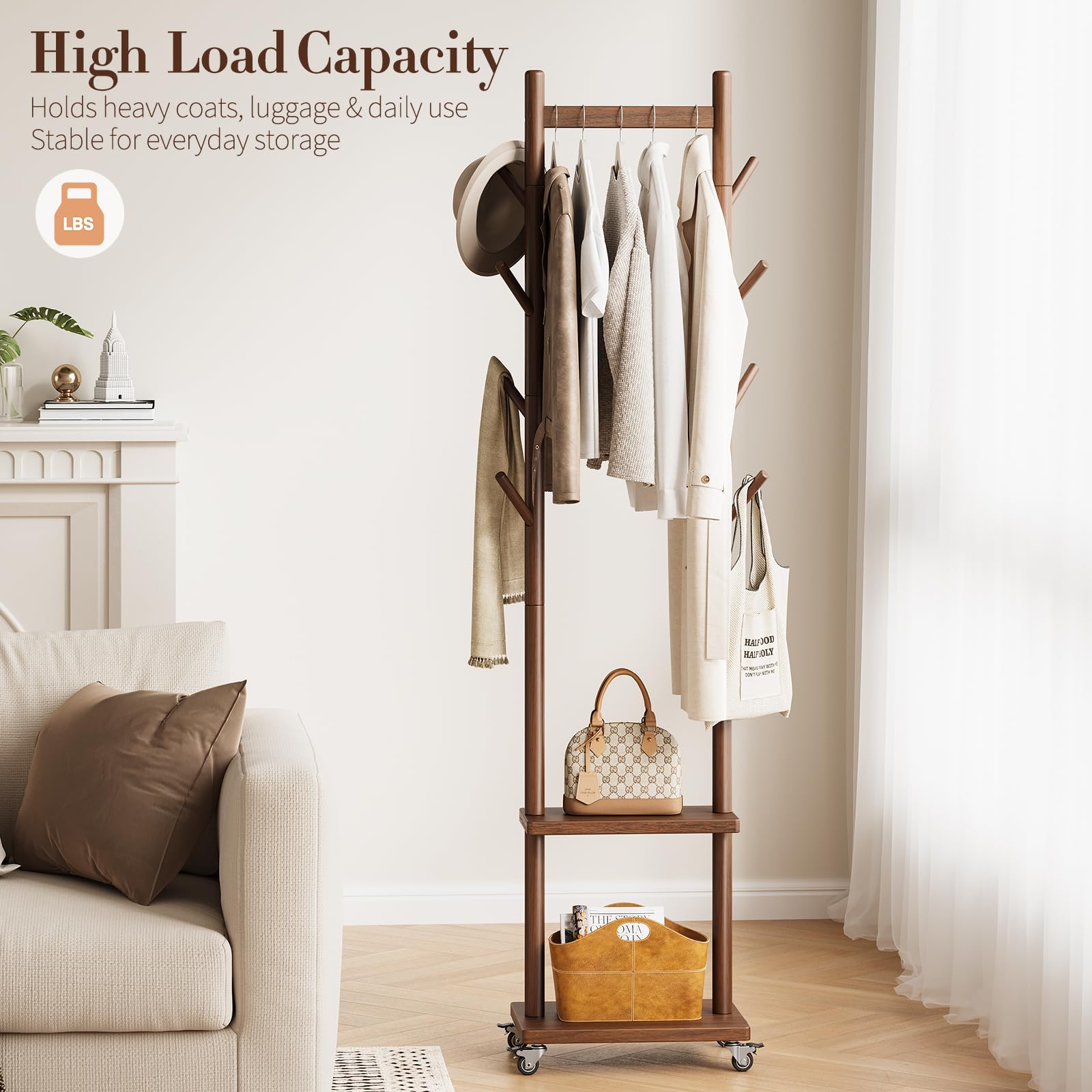 Solid Wood Rolling Coat Rack with Hooks & Shelves