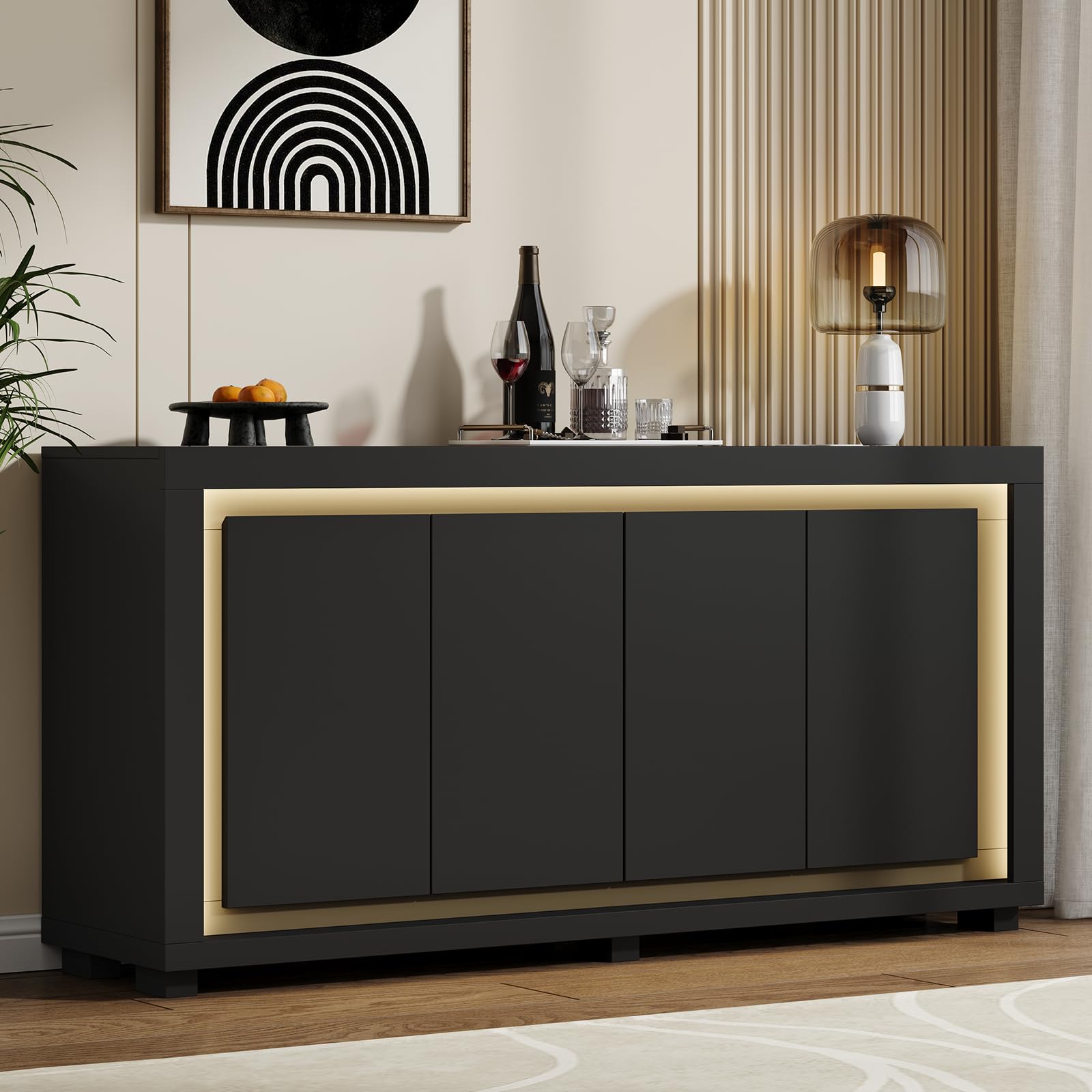 63"Sideboard Buffet Cabinet,Kitchen Buffet Storage Cabinet with Power Outlets & LED Light, Modern Storage Cabinet with 4 Doors,Coffee Bar Console Wine Bar for Living Room,Kitchen,Hallway (Black)