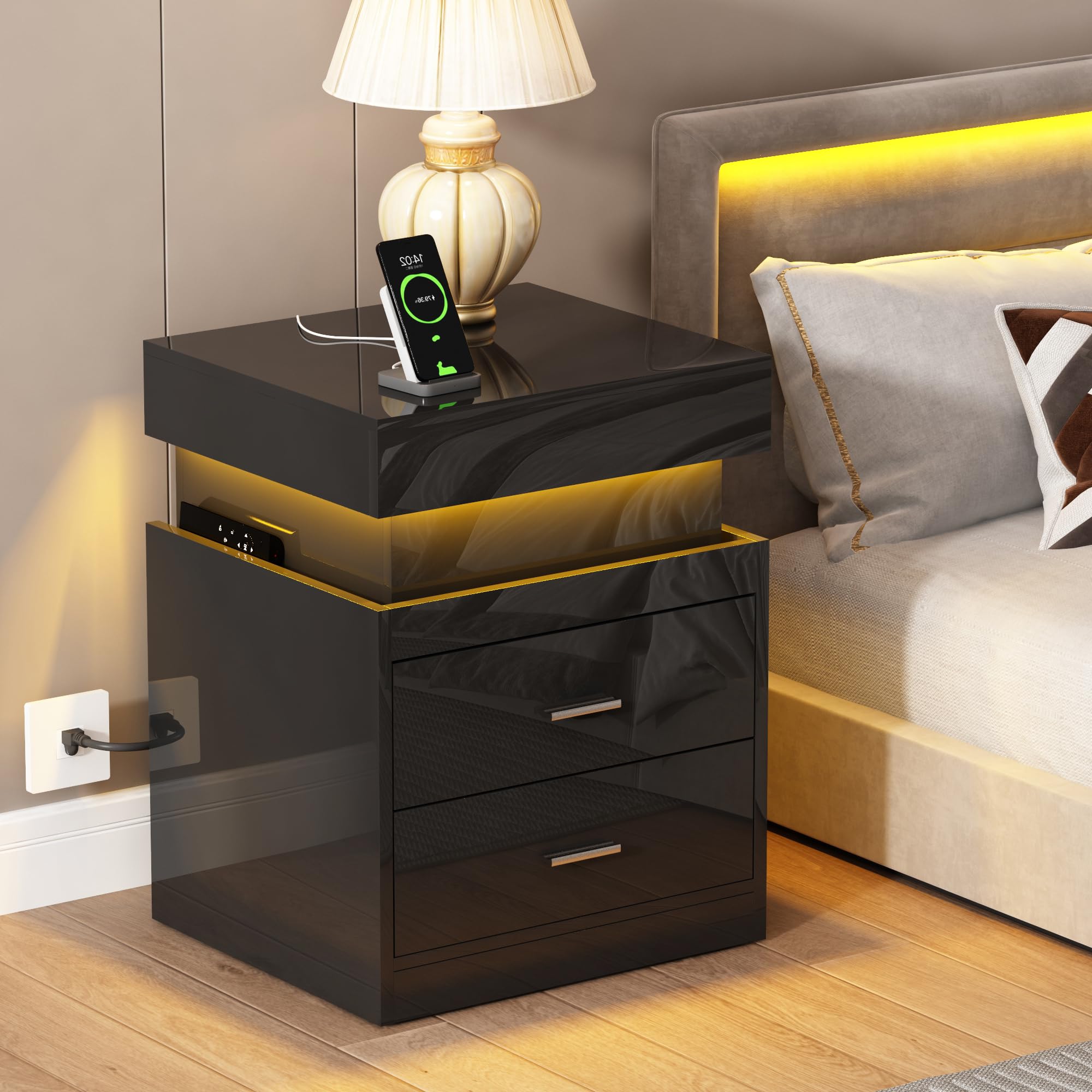 LED Nightstand with Charging Station & 2 Drawers