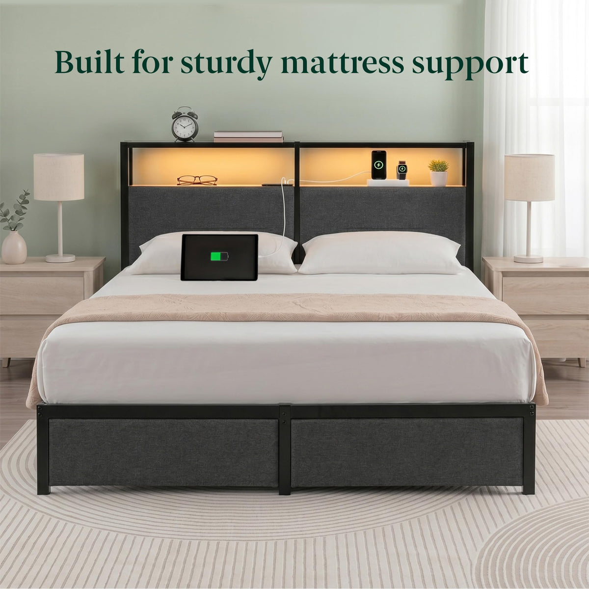 Queen Upholstered Storage Bed with LED Lights