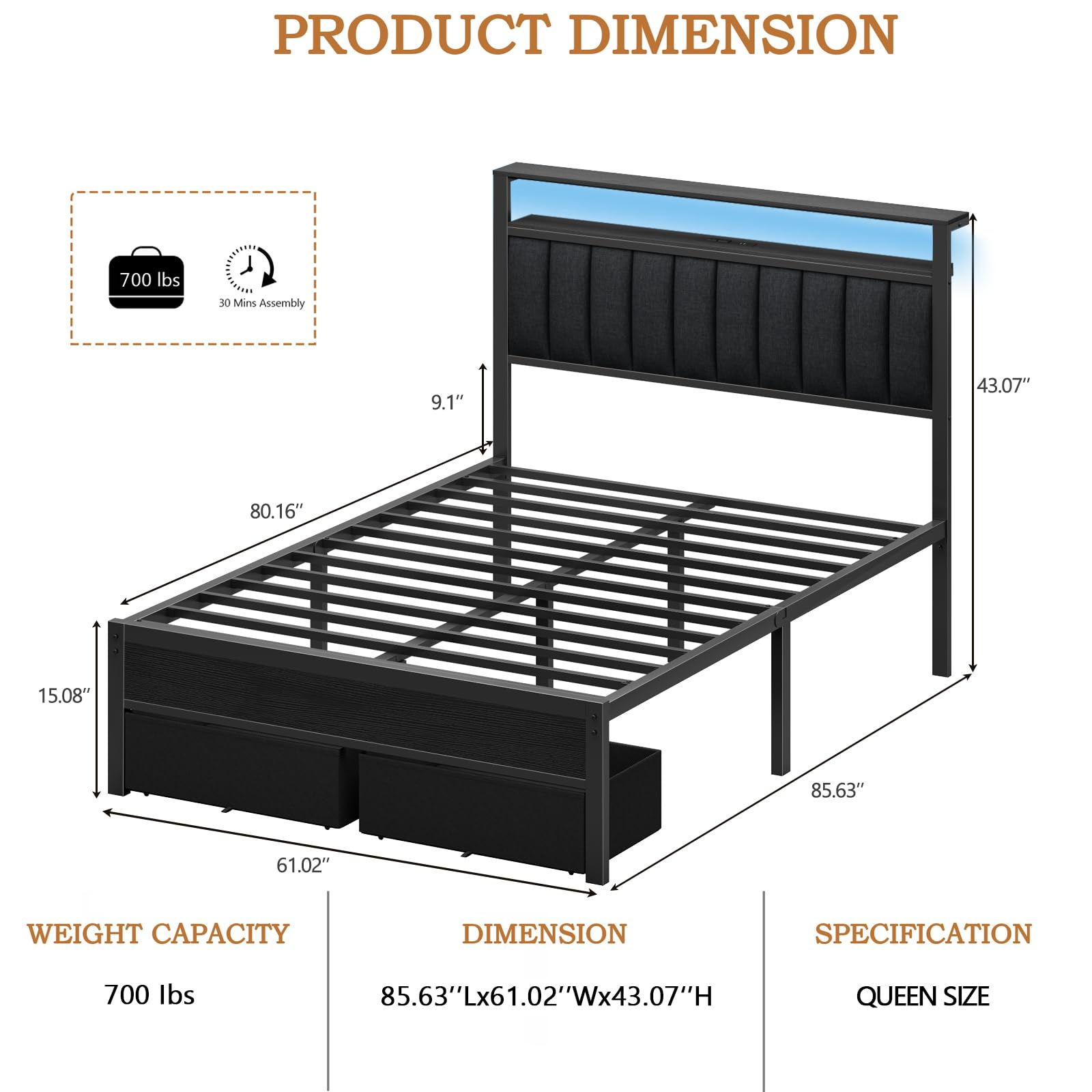 Platform Bed Frame with LED Lights, Charging Station & Storage Drawers