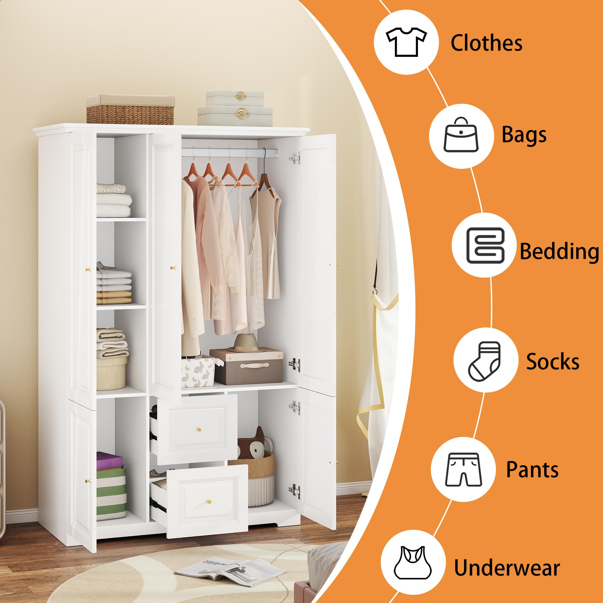Wardrobe Armoire with Drawers, Hanging Rod & Shelves