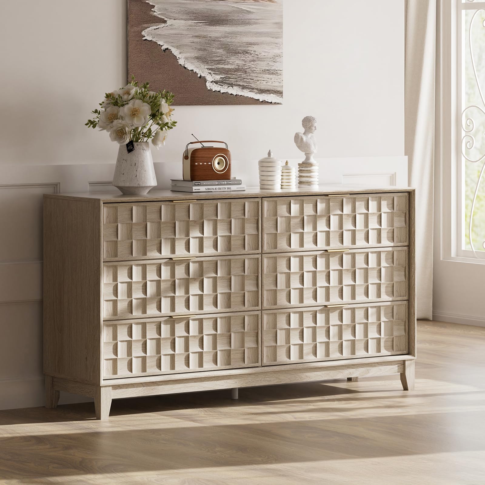 6-Drawer Fluted Dresser with Metal Handles