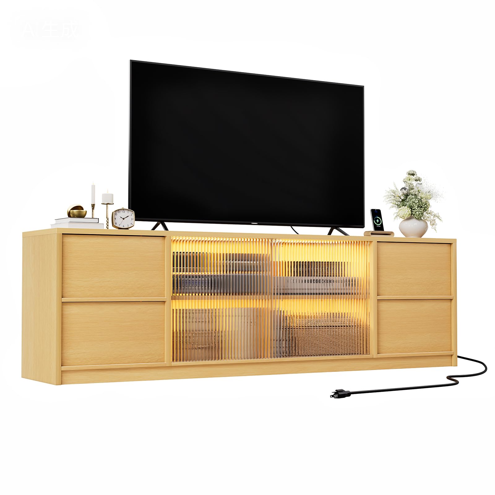 REAHOME 67" Wooden TV Stand for TVs up to 70 Inch, Entertainment Center with Charging Station and LED Light, Media Console Table with Storage Drawer & Sliding Door for Living Room, Natural Oak