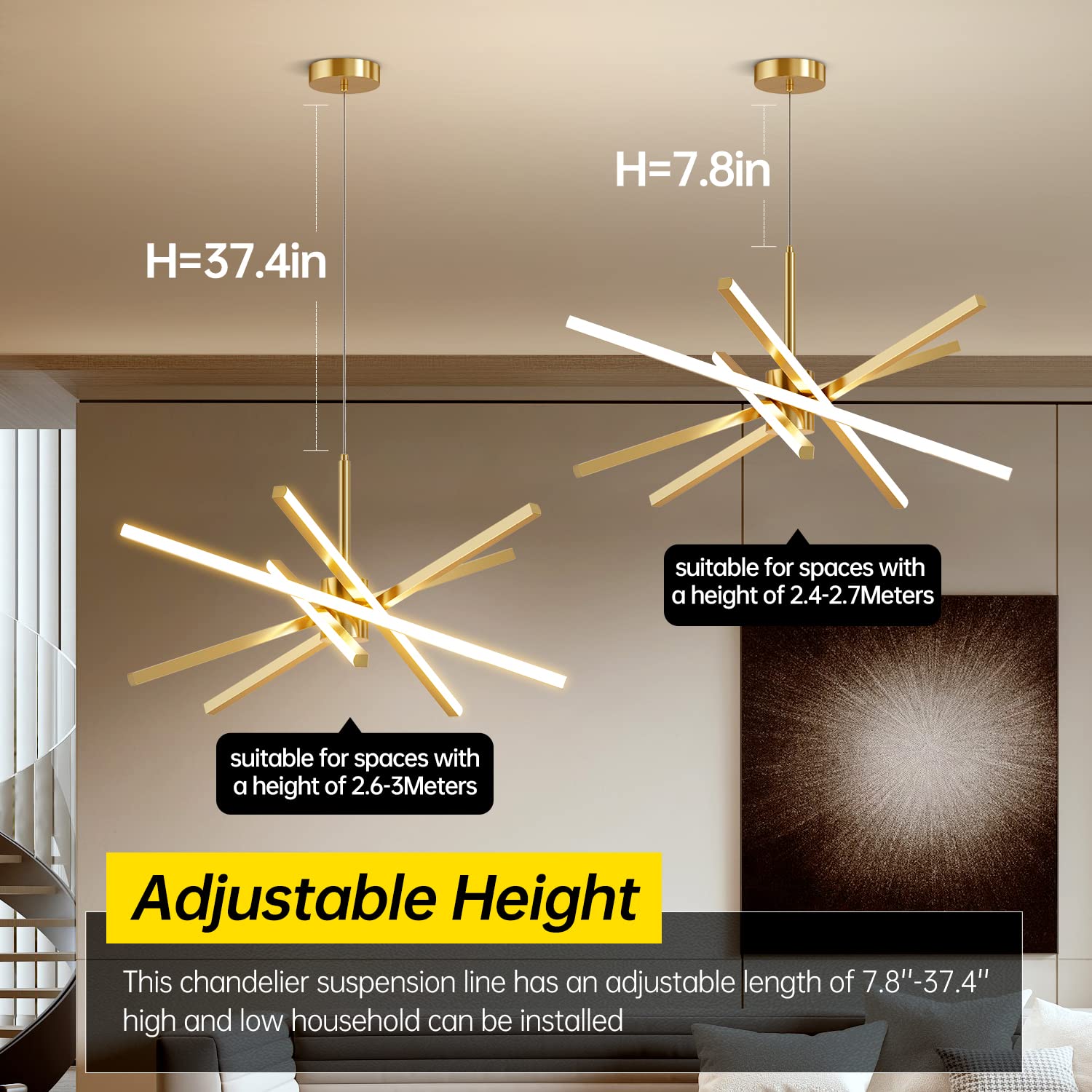Modern Sputnik Chandelier Ceiling 82W LED Gold Pendant Light Embedded Mount Chandeliers Dining Room Light Fixtures Over Table Dimmable with Remote Control for Living Room Kitchen Bedroom 31.5 inches