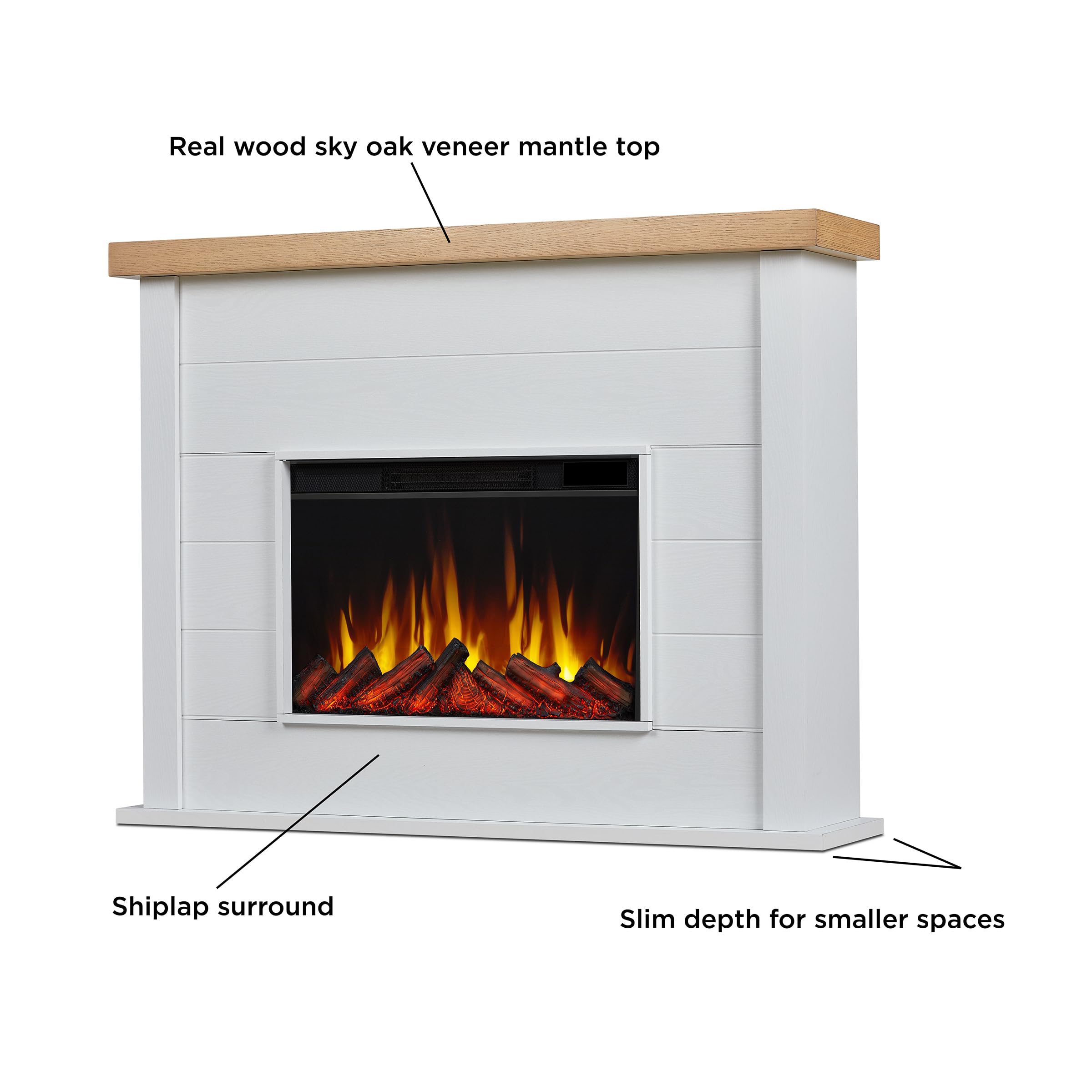 Real Flame Marshall 49" Slim Electric Fireplace with Mantel for Living Room or Bedroom, Replaceable Fireplace Insert Heater, Realistic Log and Flame Effect, Remote Control, White